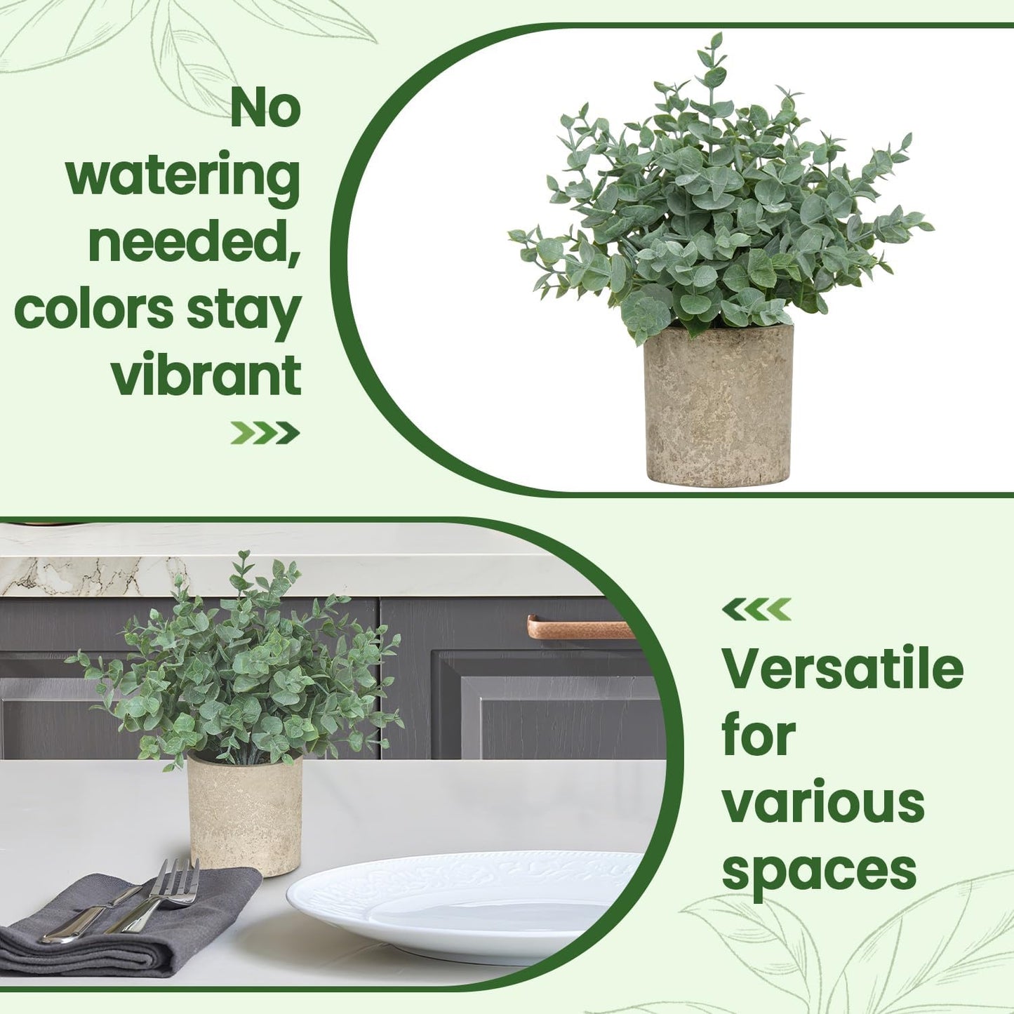2 Pack Small Fake Plants, Artificial Eucalyptus with Gray Paper Pulp Pots, Small Potted Faux Greenery for Home Decor Indoor, Bathroom, Shelf, Office, Desk, Farmhouse Room Decoration