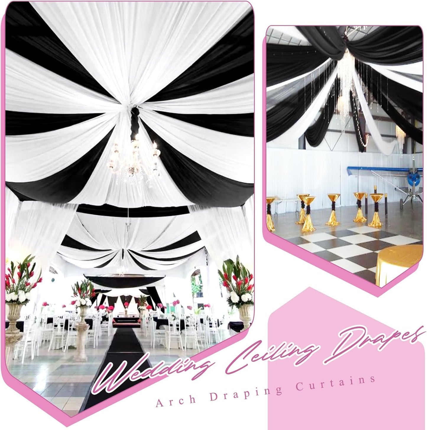 6 Panels Black Ceiling Drapes for Wedding 5ftx30ft Chiffon Fabric Arch Draping Curtains Sheer Drapery for Party Ceremony Birthday Baby Shower Reception Stage Swag Ceiling Decorations