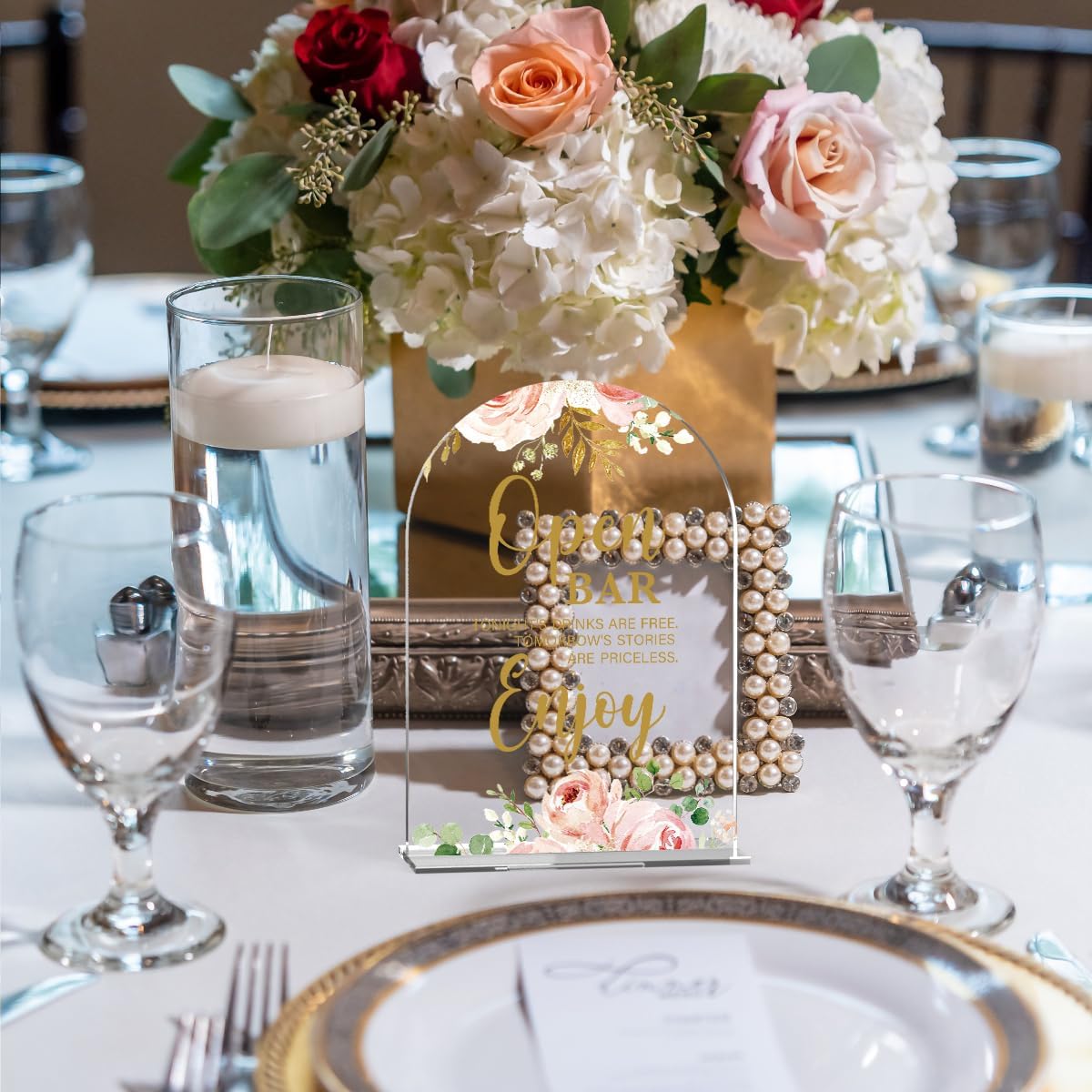 Acrylic Wedding Signs, Bridal Shower Decorations, Open Bar Signs for Reception, Modern Calligraphy Arch Acrylic Table Top Sign for Wedding Reception and Engagement Parties (Clear Pink Flowers)