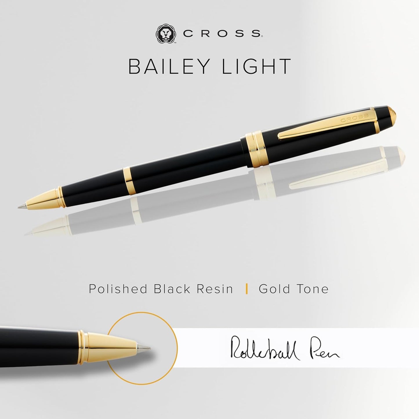 Cross Bailey Light Refillable Rollerball Pen Presented in a Everyday Gift Box - Medium Point, Black Ink, Polished Black