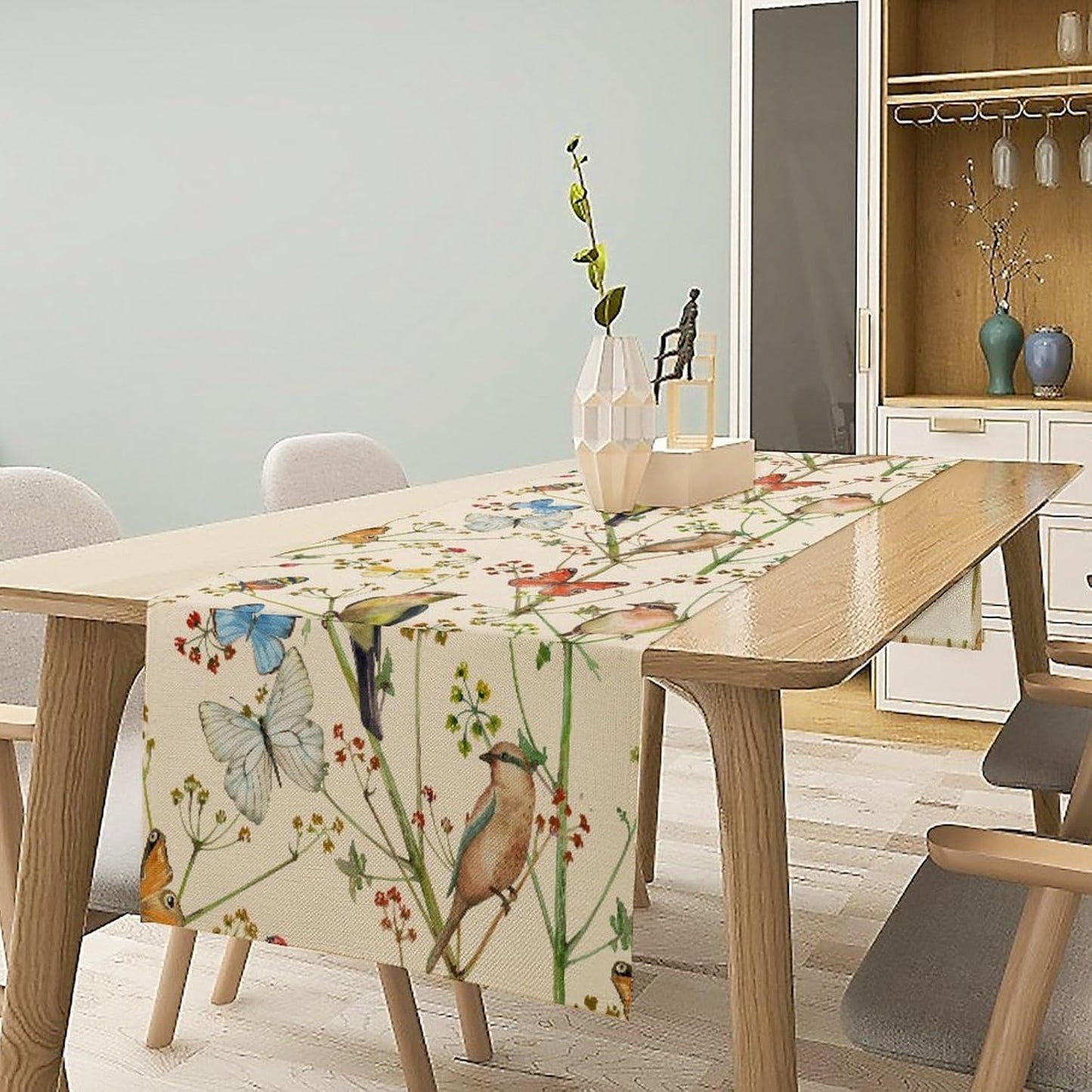 Brown Bird Floral Table Runner Spring Flower Kitchen Table Decoration Suitable for Family Dinner Decoration 13x120 Inch