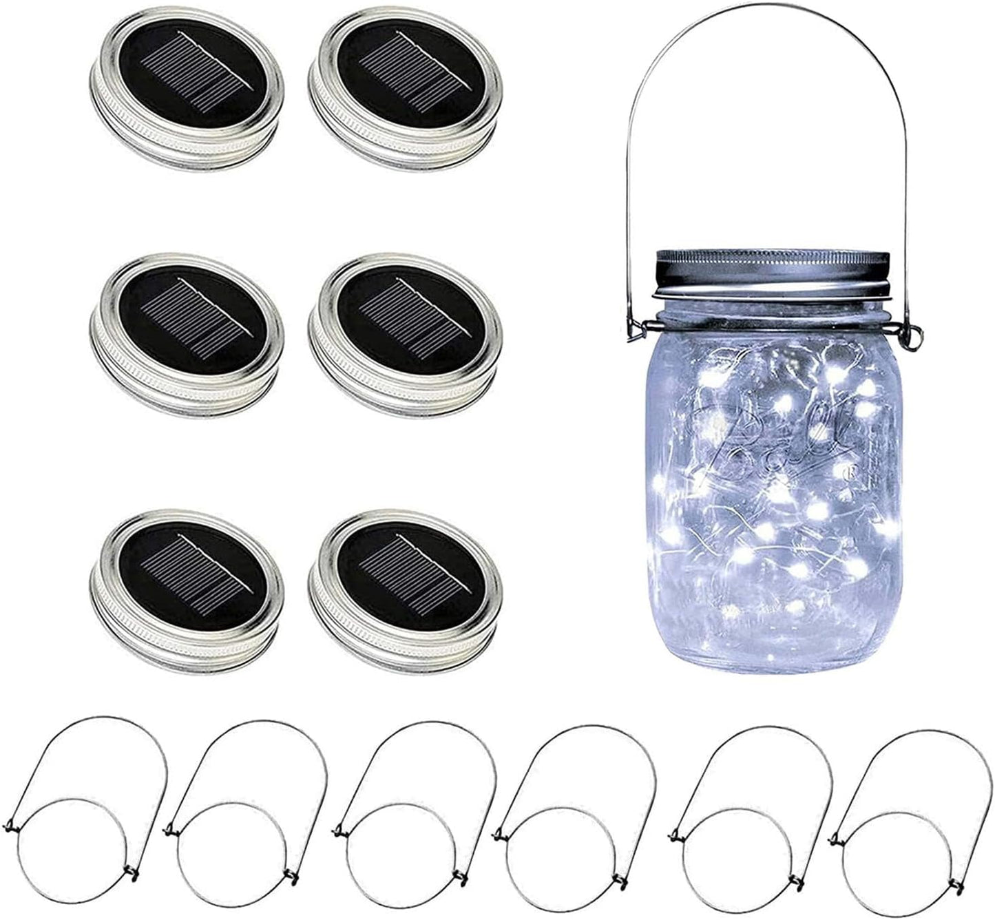 VOOKRY 6 Pack Solar Mason Jar Lights, 30 LED Mason Jar Lids Waterproof Firefly Fairy String Lights with 6 Hangers(No Jars), for Outdoor Patio Garden Yard Lawn Party Wedding Decoration - Cool White
