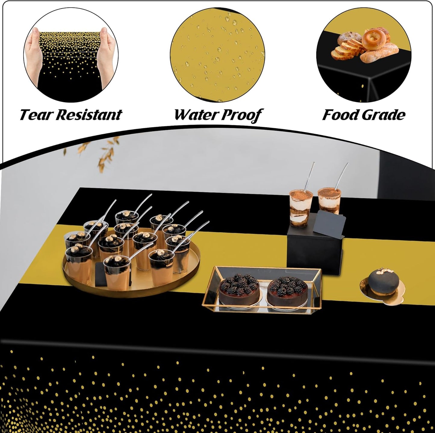 4Pack Black and Gold Tablecloths for Events, 54" x 108" Plastic Table Cloth Disposable for Rectangle Tables, Waterproof Table Cloth Cover for New Years Eve Decorations Holiday Birthday Wedding Dining