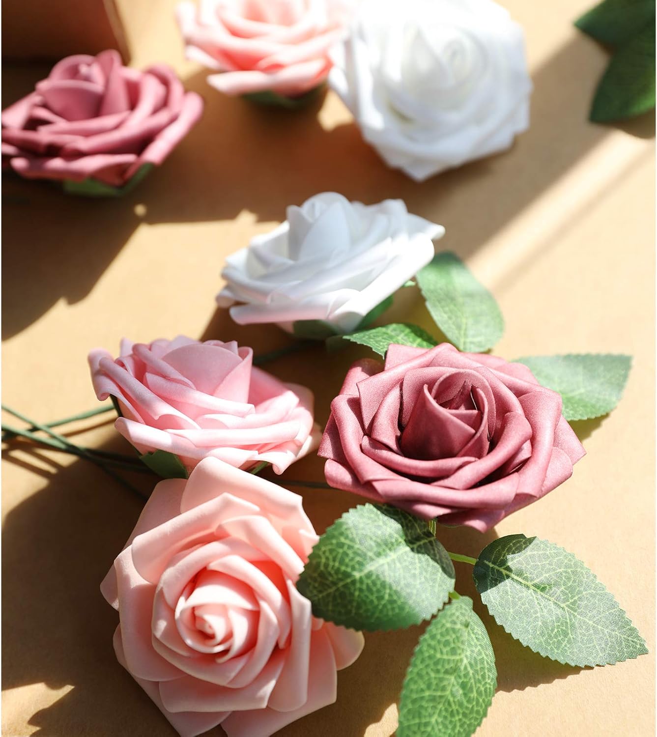 AmyHomie Artificial Flower Shades of Rose 25pcs Real Looking Fake Roses w/Stem for DIY Wedding Bouquets Centerpieces Arrangements Party Baby Shower Home Decorations