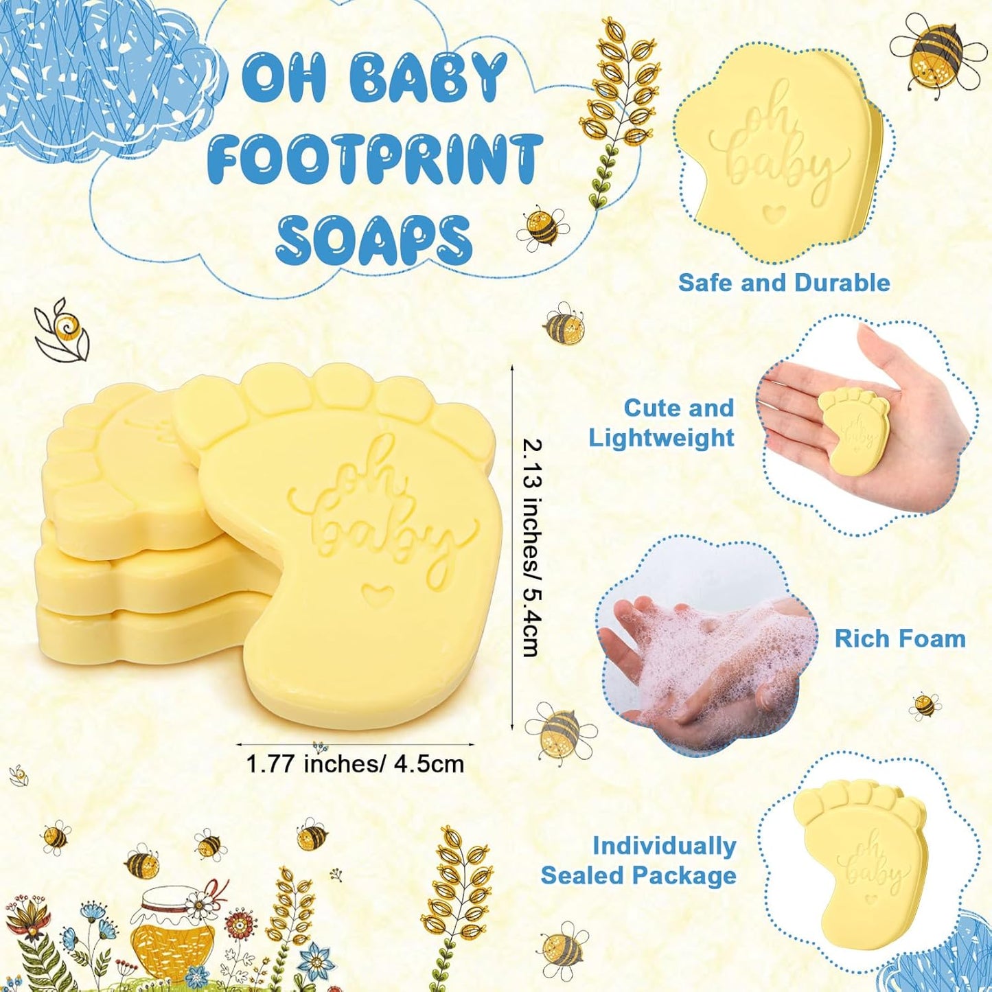 50 Sets Baby Shower Soap Favors for Guests - Mini Handmade Footprint Scented Soap with Thank You Cards and Organza Bag, Party Gifts for Gender Reveal Baptism Shower (Light Yellow)