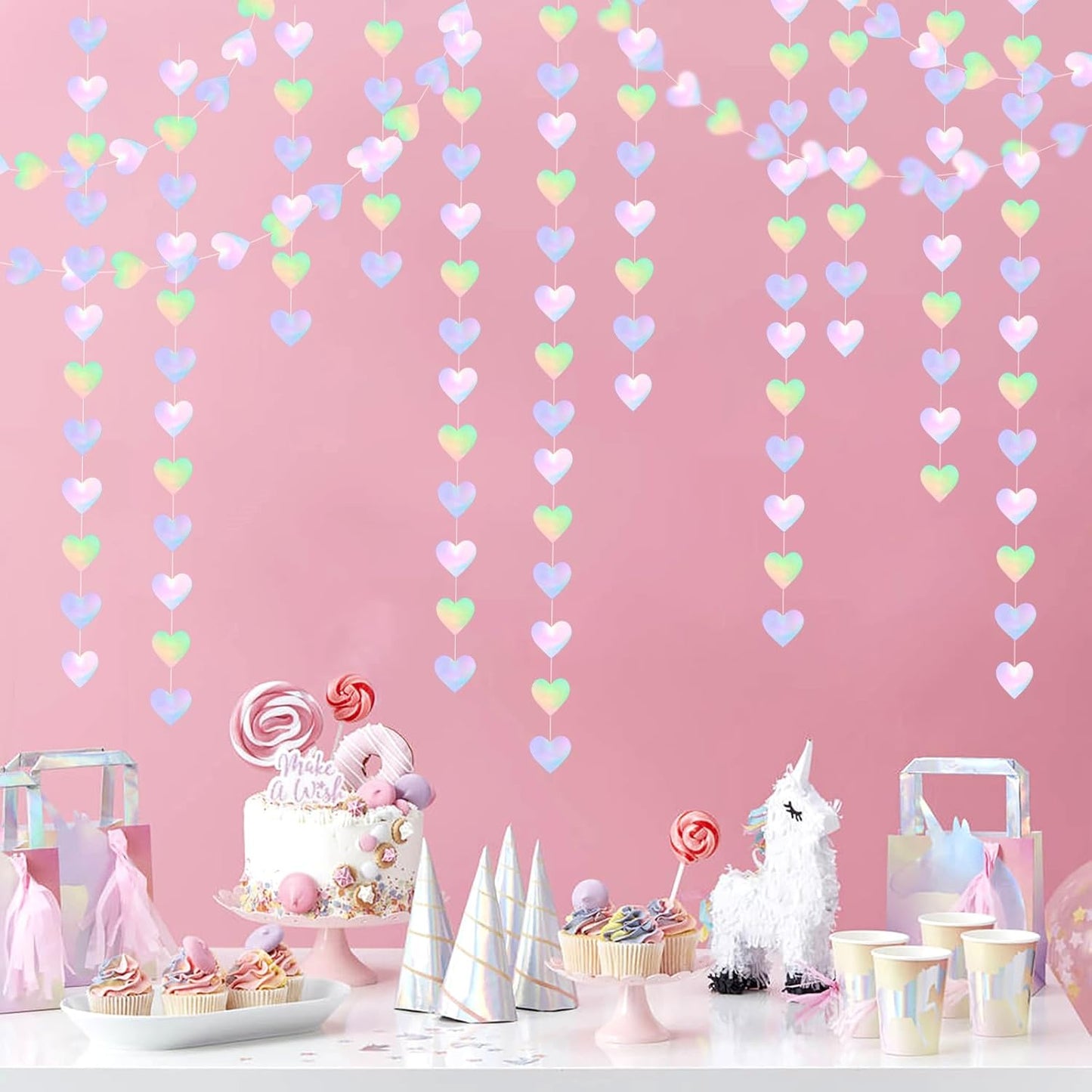 Iridescent Disco-Holographic Heart Garland - 52Ft Wedding Hanging Decoration Neon Streamers Banner, Perfect for Bridal Shower, Birthday, Baby Shower, Engagement, Valentines Day Decor