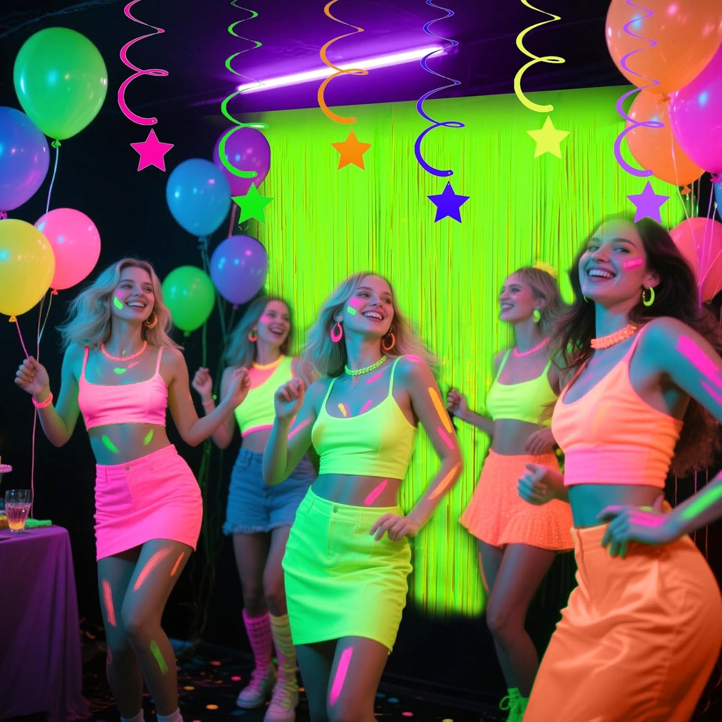 4 Packs Glow in The Dark Foil Fringe Curtain, Macaron Yellow Blacklight Reactive Fluorescent Tinsel Backdrop Neon Luminous Streamers for Birthday, Wedding, Neon Party, Glow Party Decorations Supplies