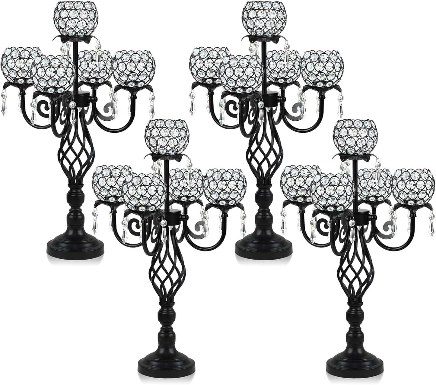 5-Arm Crystal Candelabra Centerpiece 23.2" Tall - Elegant Candle Holder Stand with Crystal Bowl, Chic Table Decor for Weddings, Parties, Anniversary & Home Decoration (4, Black)