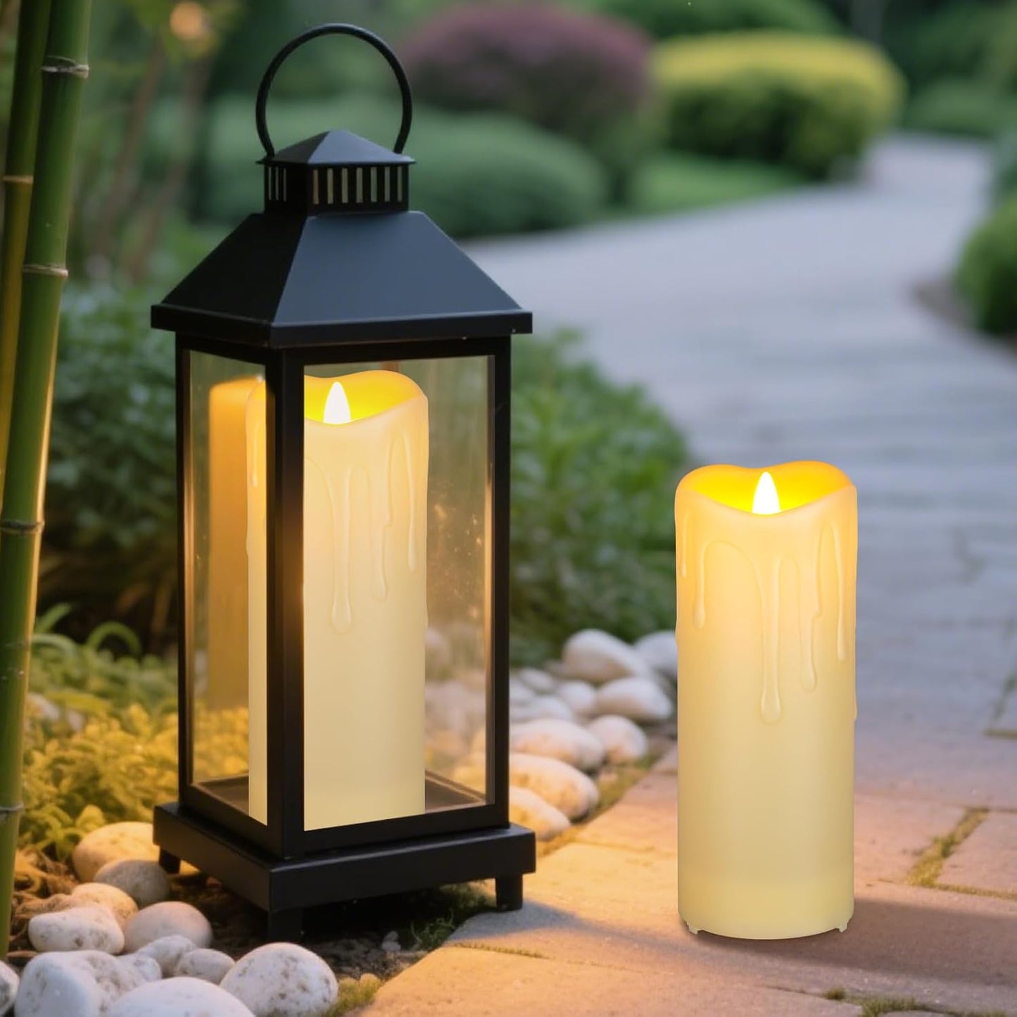 Enido Flameless Candles LED Candles Outdoor Waterproof Candles(D: 4" x H: 10") Battery Operated Plastic Pack of 2 Pillar Candle for Portico and Fireplaces