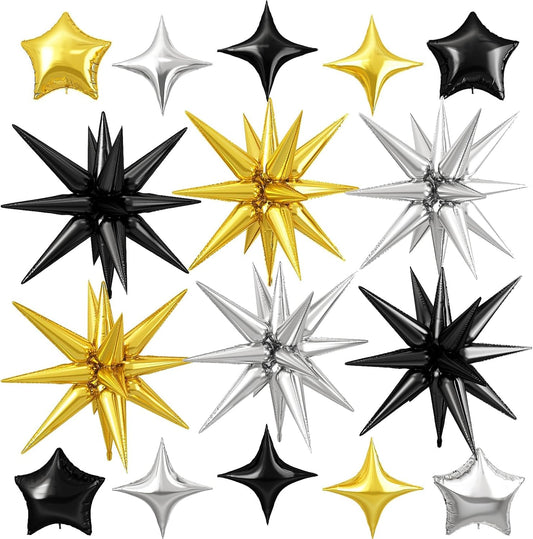 Black Gold Silver Star Balloon,16Pcs Star Foil Balloons Set with 22Inch Explosion Spike Cone Balloons and 10Inch Quadrangle Helium Balloon for Birthday Wedding Baby Shower Party Decorations