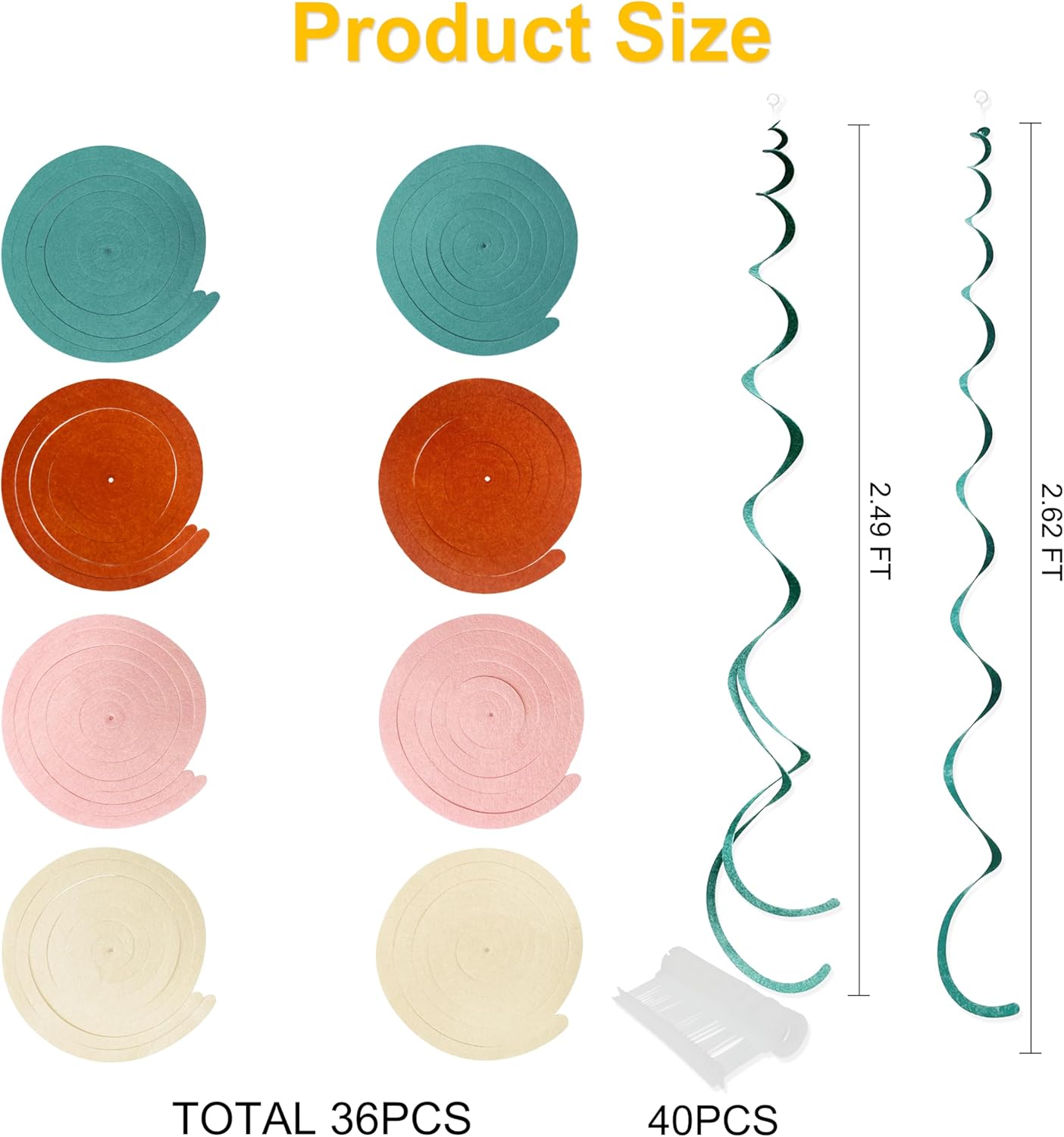 36 Pcs Boho Hanging Swirl Decorations Aqua Green Orange Pink Beige Felt Swirl Streamer Spiral Ceiling Garland for Birthday Engagement Baby Shower Wedding Bridal Shower Party Supplies Nursery Decor