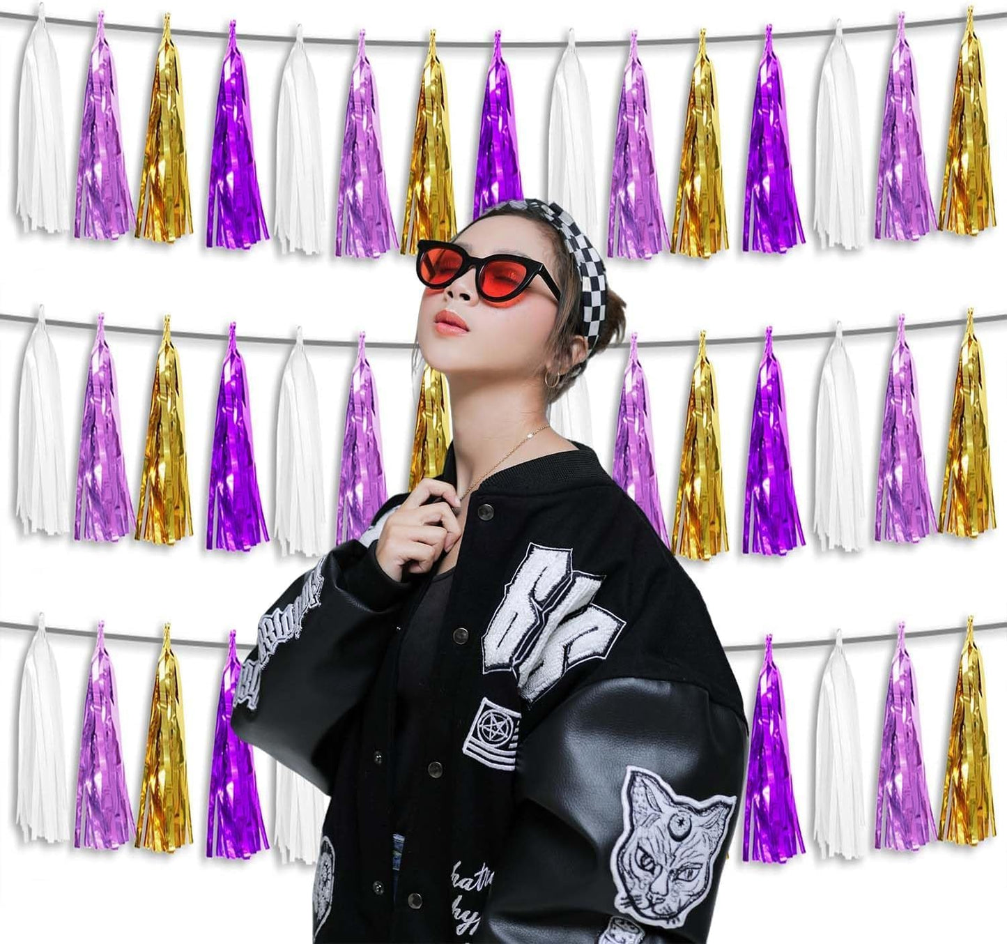 3P Metallic Fringe Tassel Banner Garland Foil Tinsel Streamer Wall Hanging Curtain Backdrop Banner for Parade Floats, Graduation, Carnival Mardi Gras Party Decorations(Gold Purple)