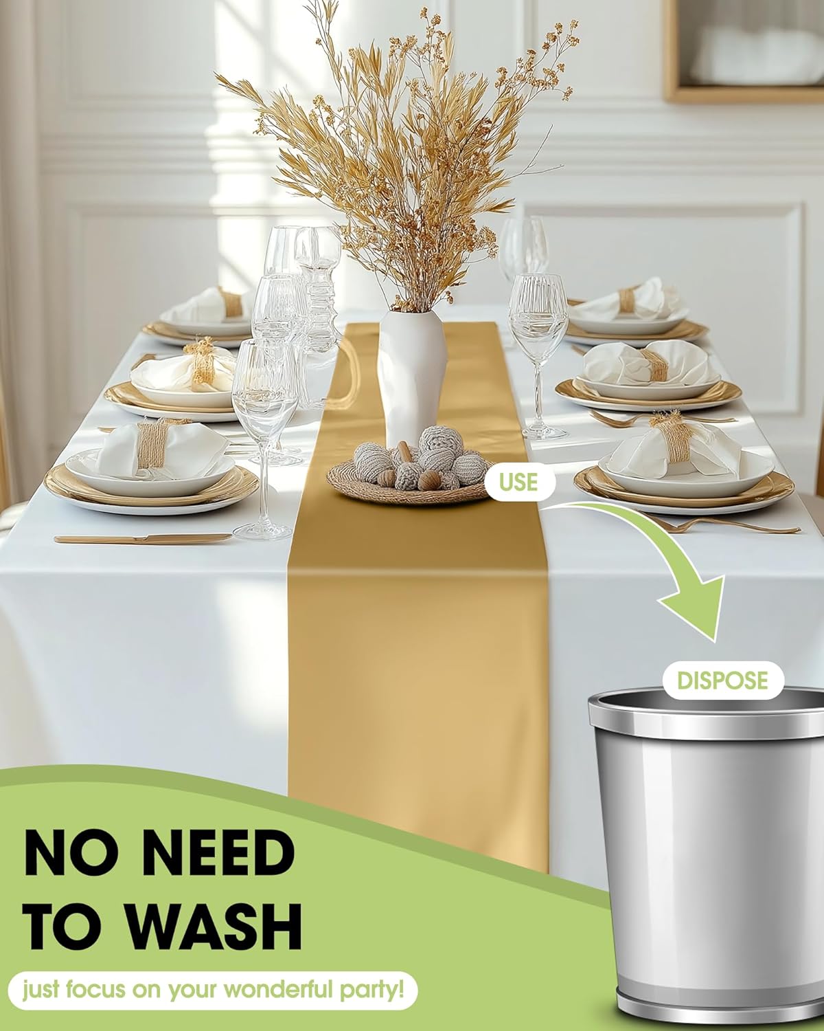 Pureegg Gold Plastic Table Runners - 20 Pack, 14'' x 108'', Water Resistant & Disposable Centerpiece Decorations for Table Cloth, Wedding, Birthday, Holiday, Baby Shower, Party, Home Decor