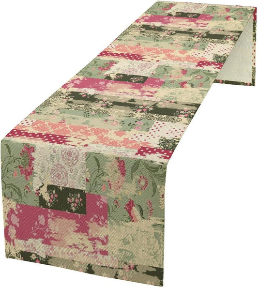 Patchwork Flower Table Runner,Abstract Colorful Floral Retro Style Hand Drawn Tablecloth Burlap for Hotel Indoors Outdoor Dining Room Kitchen Home Decor,W13X L60 in