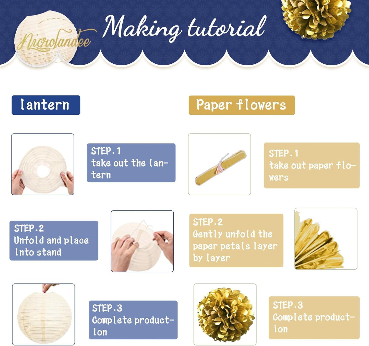 NICROLANDEE Navy Blue and Gold Decorations, 12PCS Hanging Paper Lanterns Tissue Pom Poms Decor for Graduation Party, Winter Wedding, Mens Birthday, Memorial Day Decorations, New Years Party Supplies