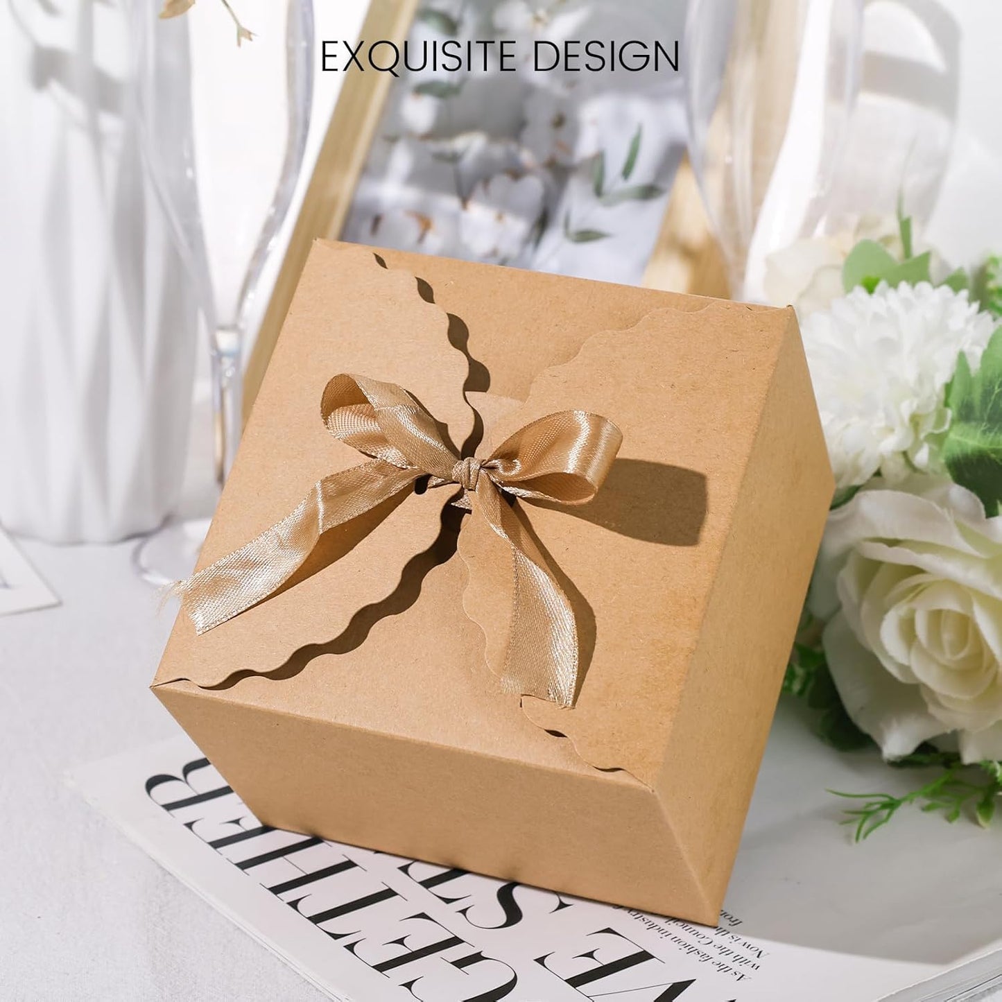 VGOODALL 10PCS Gift Boxes, 4.7" x 4.7" x 3.5" Brown Candy Boxes with Ribbon Mini Kraft Paper Party Favors for Candy Cookie Chocolate Gifts,Party Supplies