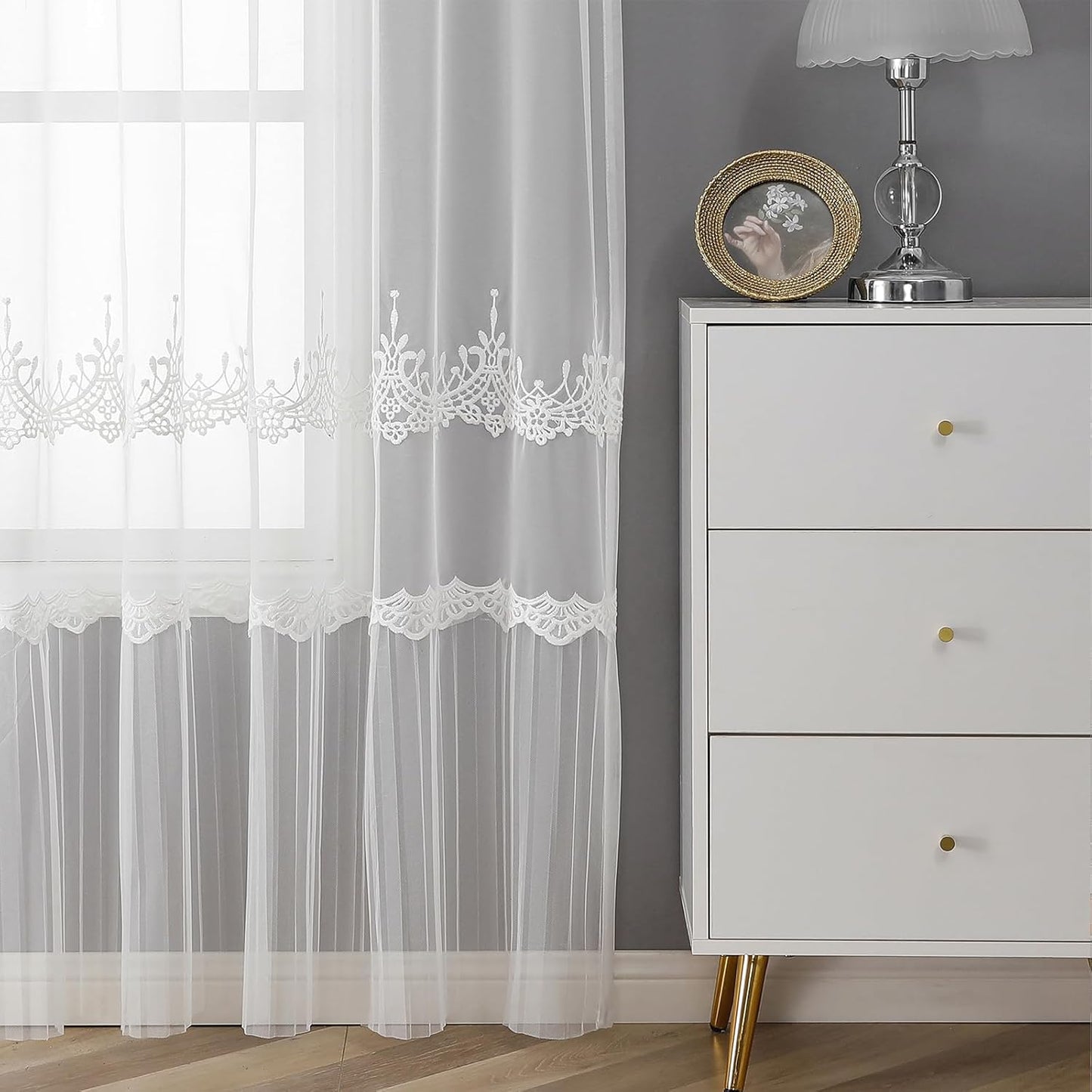 VISIONTEX White Sheer Voile Curtains, Decorative White Embossed European Rod Pocket Window Drapes for Home Kitchen, Living Room and Bedroom 54 x 72 Inch, Set of 2 Curtain Panels