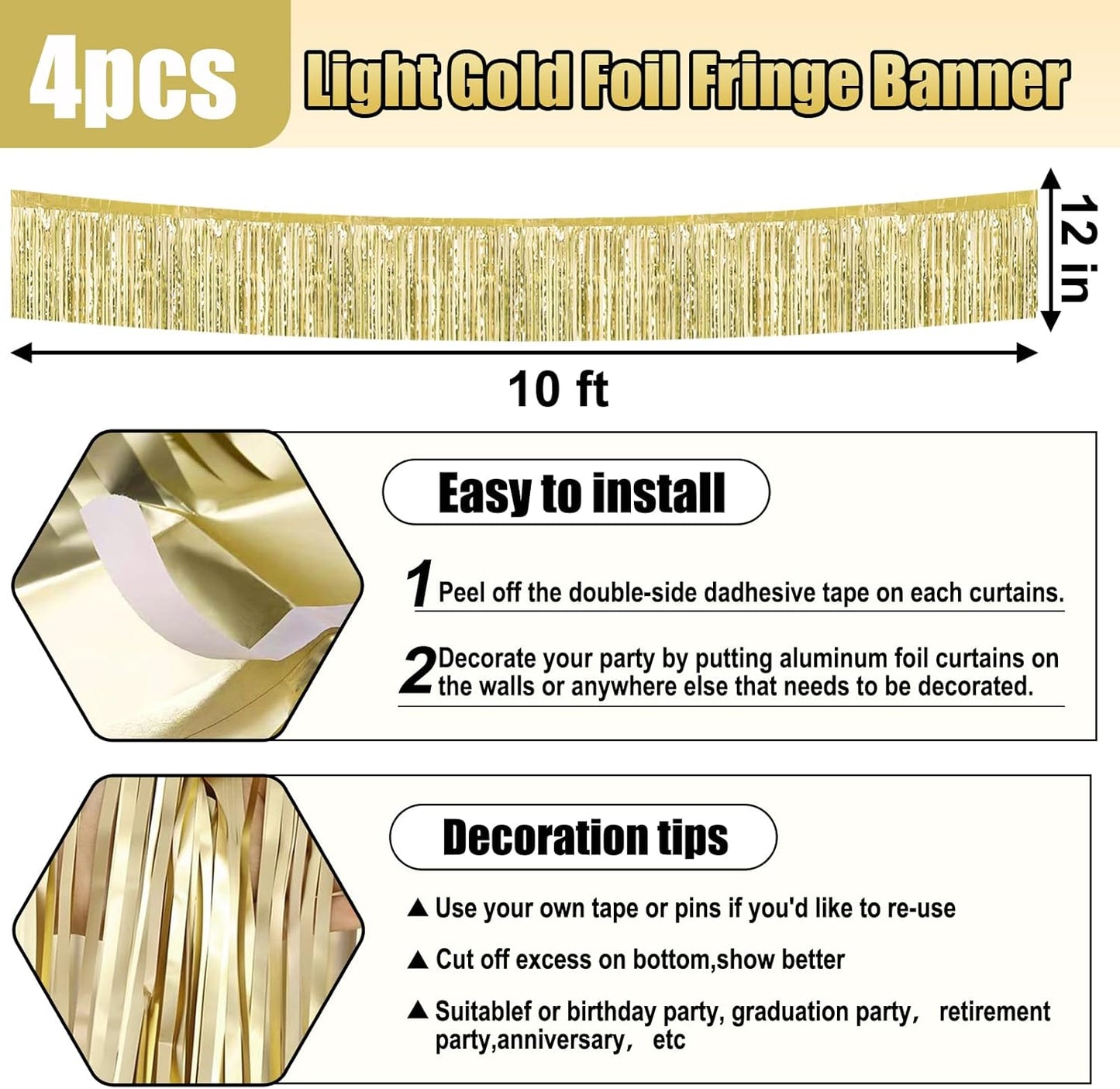 4 Pack 10 Feet Light Gold Foil Fringe Garland Metallic Tinsel Streamers Banner Wall Hanging Curtain Backdrop for Parade Floats, Wedding, Graduate, Mother's Day, Birthday Party Decoration
