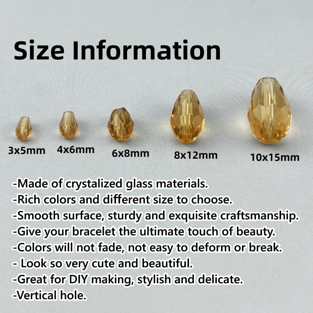 200pcs 3x5mm Teardrop Crystal Glass Beads for Jewelry Making, Faceted Vertical Hole Teardrop Glass Spacer Beads for Wind Chimes Bracelet Earring Necklace DIY Craft(Gold Champagne)