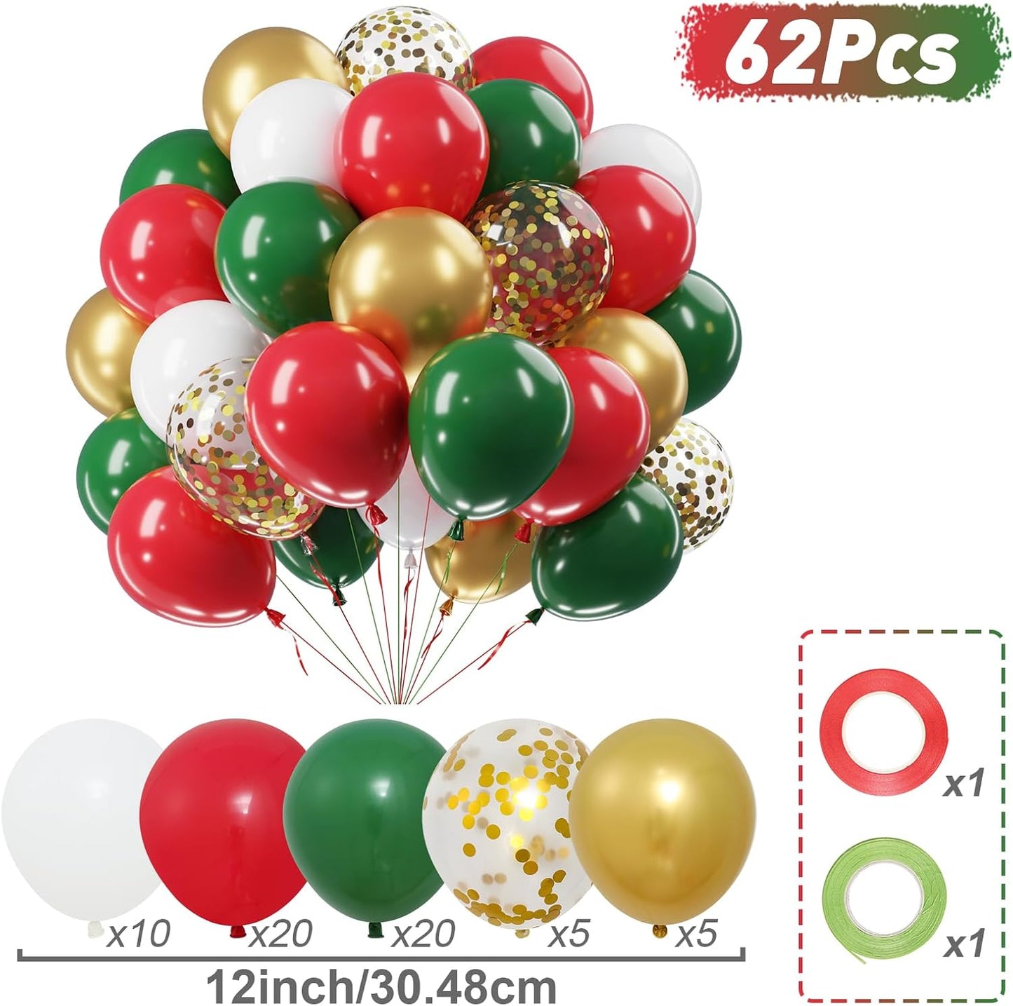 Christmas Red Green Gold Balloons Set, 60Pcs 12 Inch Red Green White Metallic Gold Confetti Latex Balloon Kit for Christmas Grinch Birthday Party Decorations