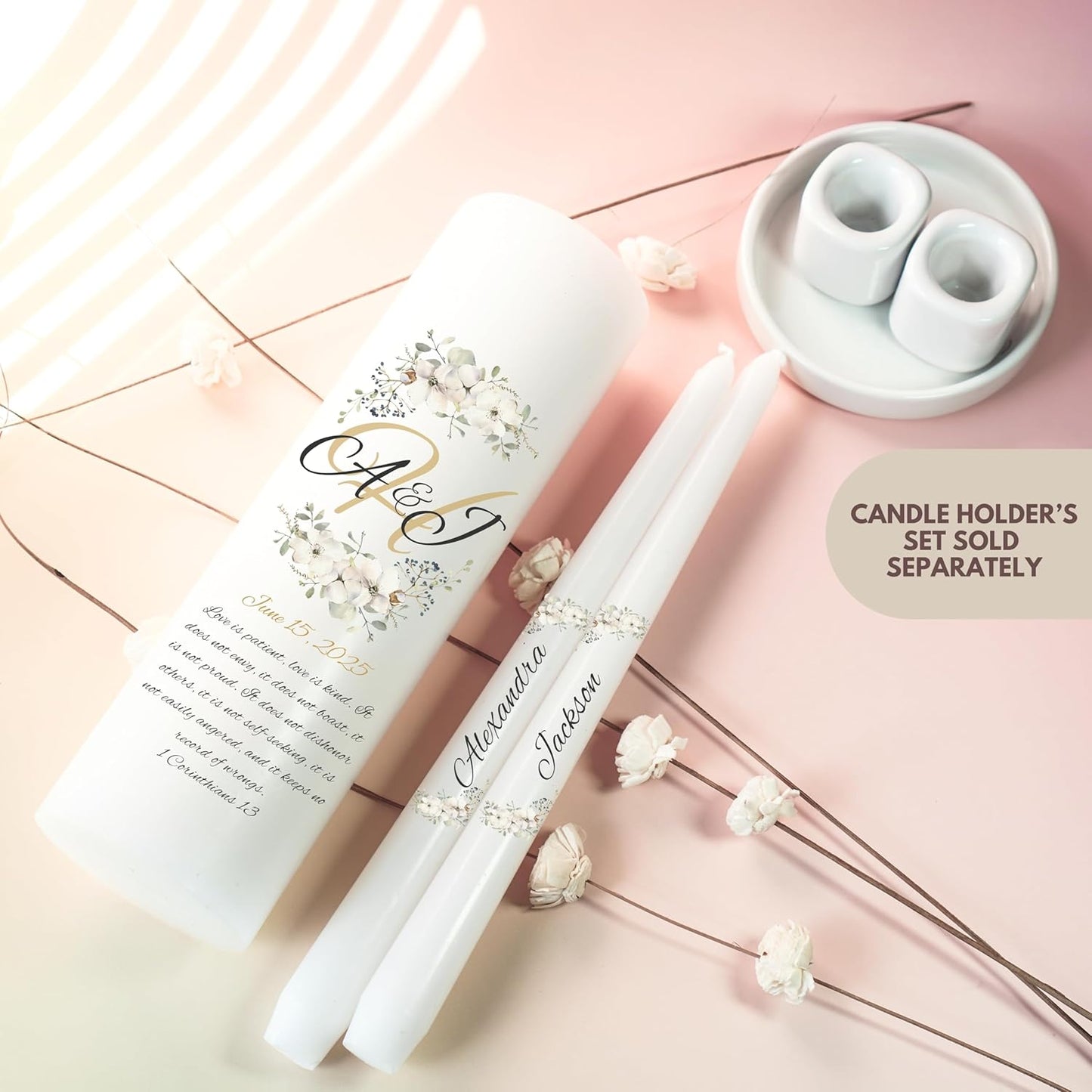 Unity Candles for Wedding, Modern Unity Set, Custom and Personalized Pillar and Taper Candles with Bible Quote, Unscented White Premium Wax, Religious and Wedding Ceremony, Special Events (Camellia)