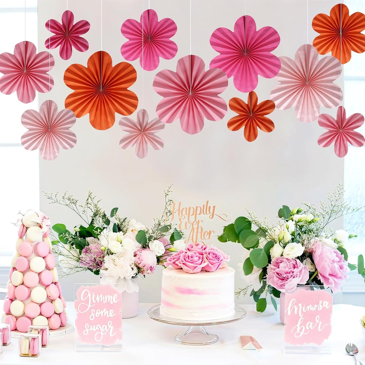 BestoFun 12 PCS Paper Flowers Fans Pink and Orange Party Decorations Paper Flowers Decorations for Wall Girl Groovy Birthday Baby Shower Wedding Bachelorette Room Hanging Décor