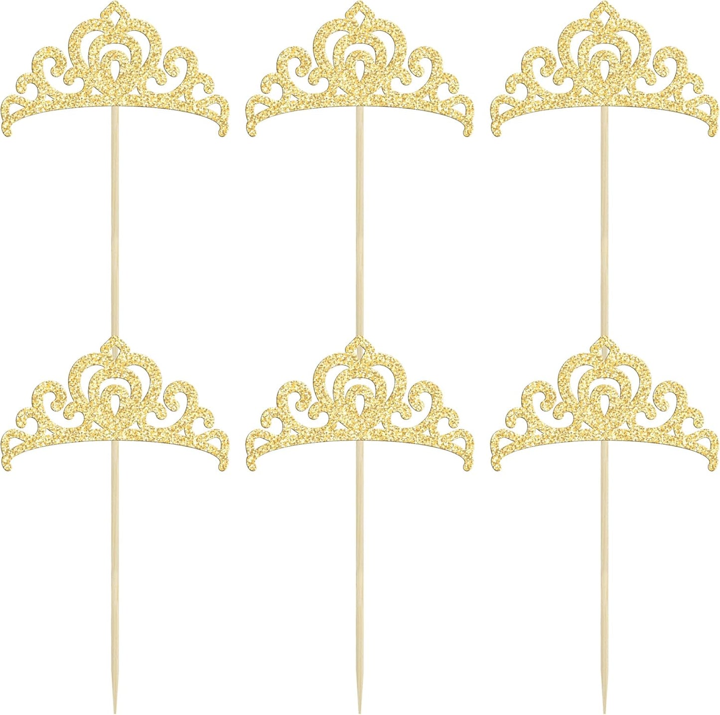 Gyufise 24Pcs Gold Princess Crown Cupcake Toppers Glitter Princess Cake Pick Decorations for Wedding Girl Birthday Baby Shower Party Decorations Light Gold