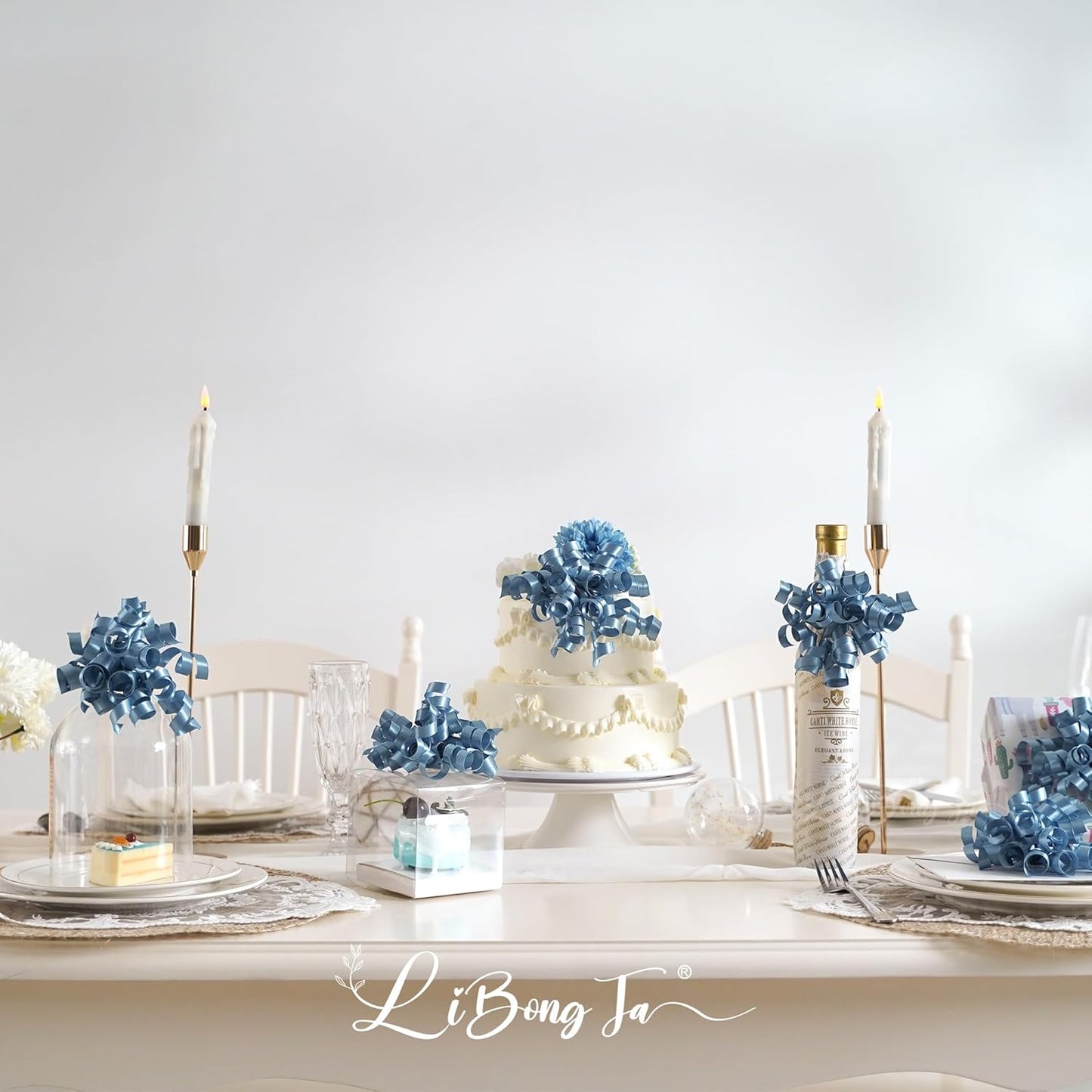 5'' Dusty Blue Bows Curly Ribbon Bows for Gift Wrapping, Satin Bows with Double-Sided Tape, Self Adhesive Bows for Party, Wedding, Birthday Decor, Premade Bows for Crafts, Wine Glasses-8 PCs