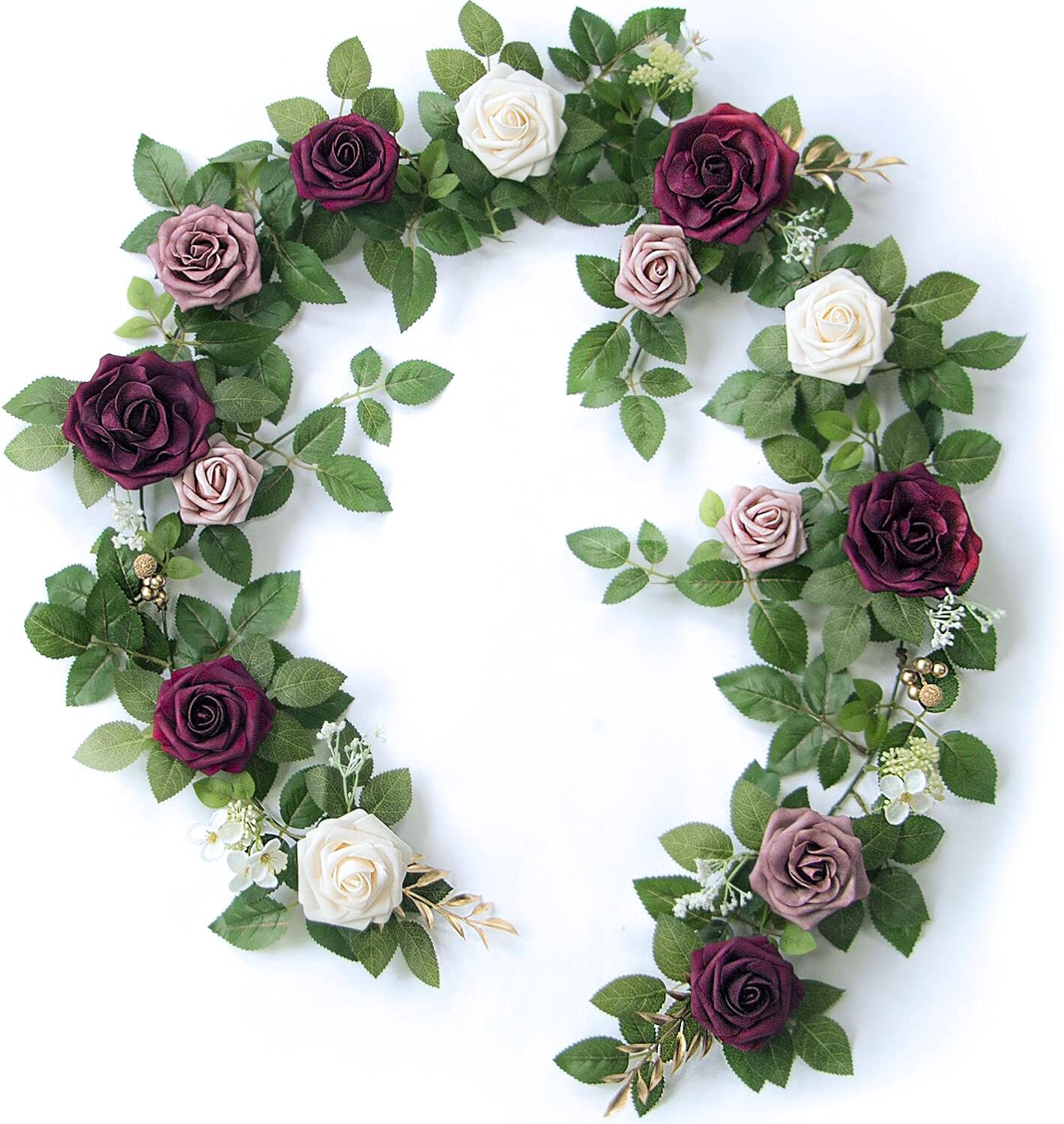 PONATIA 5FT Handcrafted Burgundy Artificial Rose Garland, Dusty Rose Flowers for Wedding Ceremony Garlands Backdrop Arch, Christmas Decorations Table Decor