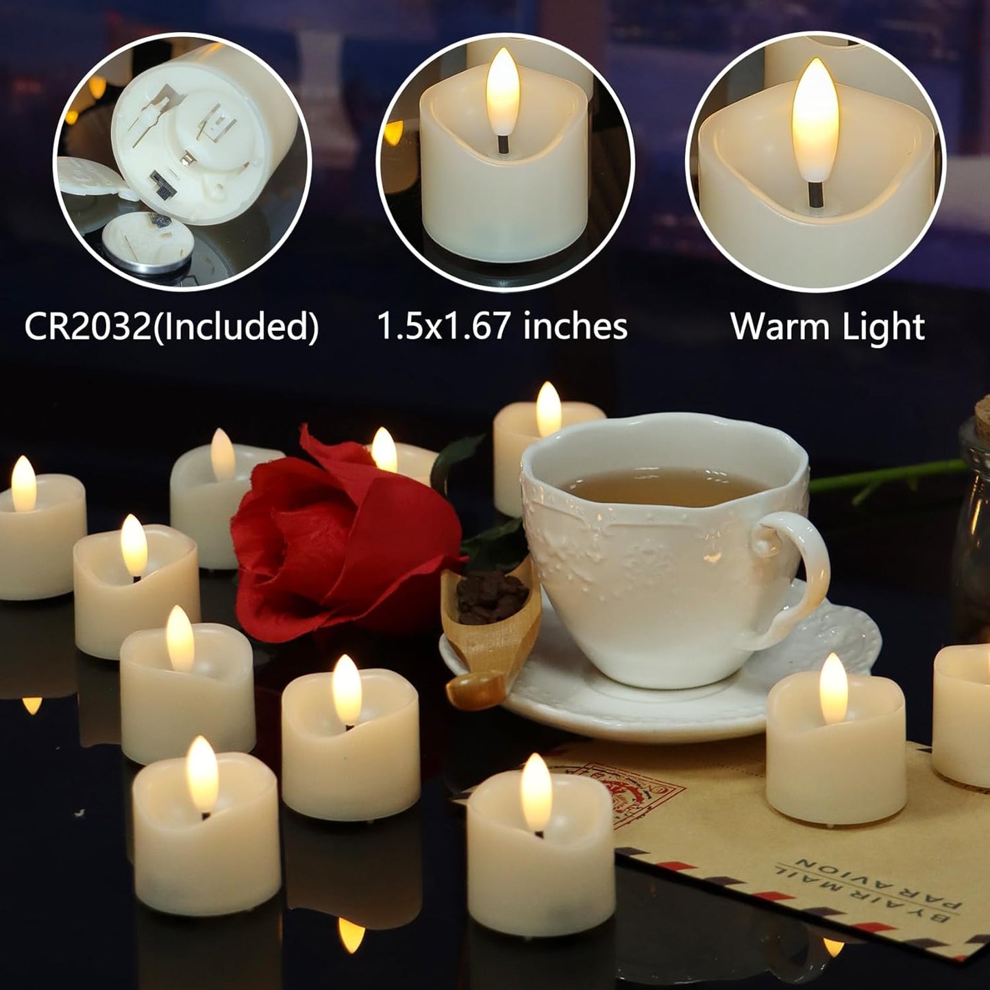 6 Pack Battery Operated Votive Candles 1.5 x 1.67 inches Flameless Votive Tealights Black Wick Tea Lights LED Electric Fake Candles Realistic for Wedding Christmas Thanksgiving Party Decoration