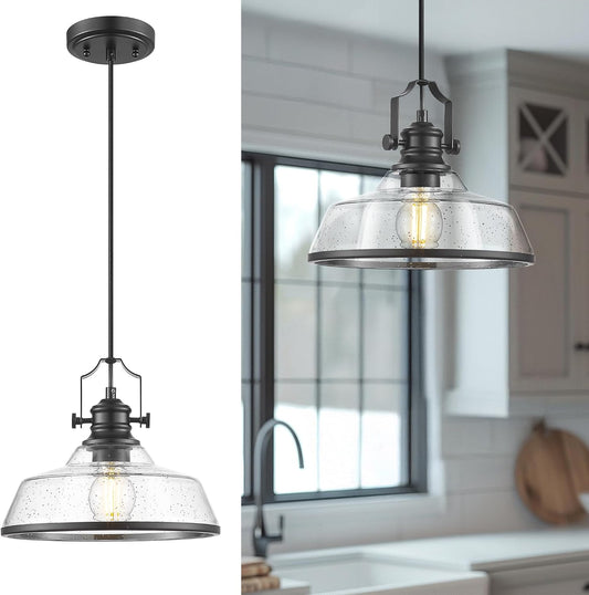 kudos Seeded Glass Pendant Light Kitchen Island, Adjustable Cord, Black Farmhouse Kitchen Light Fixture,KDPL13-BK-S