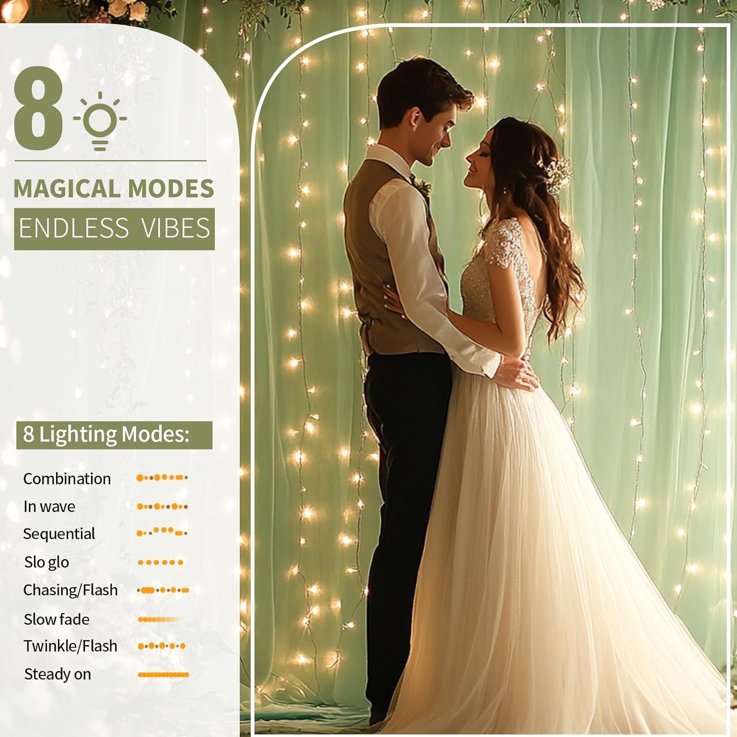 Sage Green Tulle Backdrop Curtain with Lights String - 10x10ft Sheer Backdrop with 300 LEDs for Wedding, Baby Shower, Bridal Shower, Birthday Party Photo Shoot Background and Home Decorations