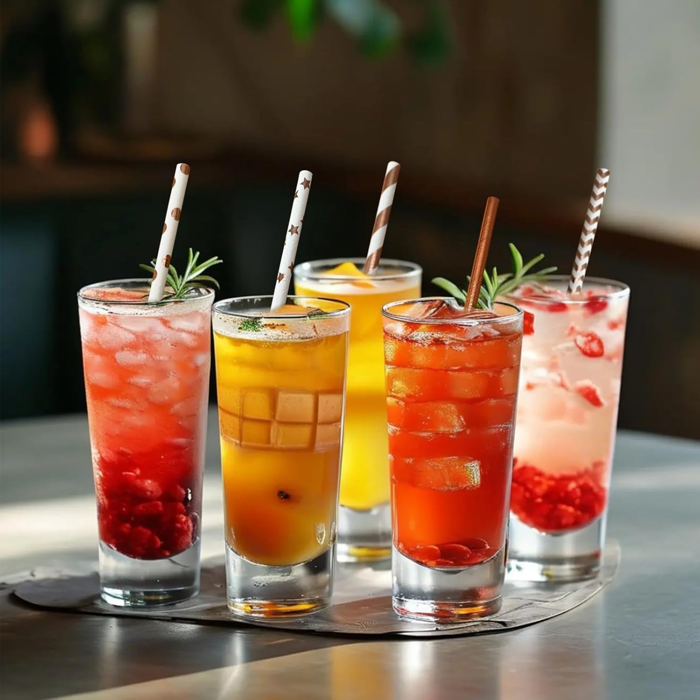 YAOSHENG [100 Pack] Pink & Gold Paper Straws Disposable, 100% Biodegradable Multi-Pattern Party Straws For Birthday, Wedding and Holiday Decoration (rose gold)