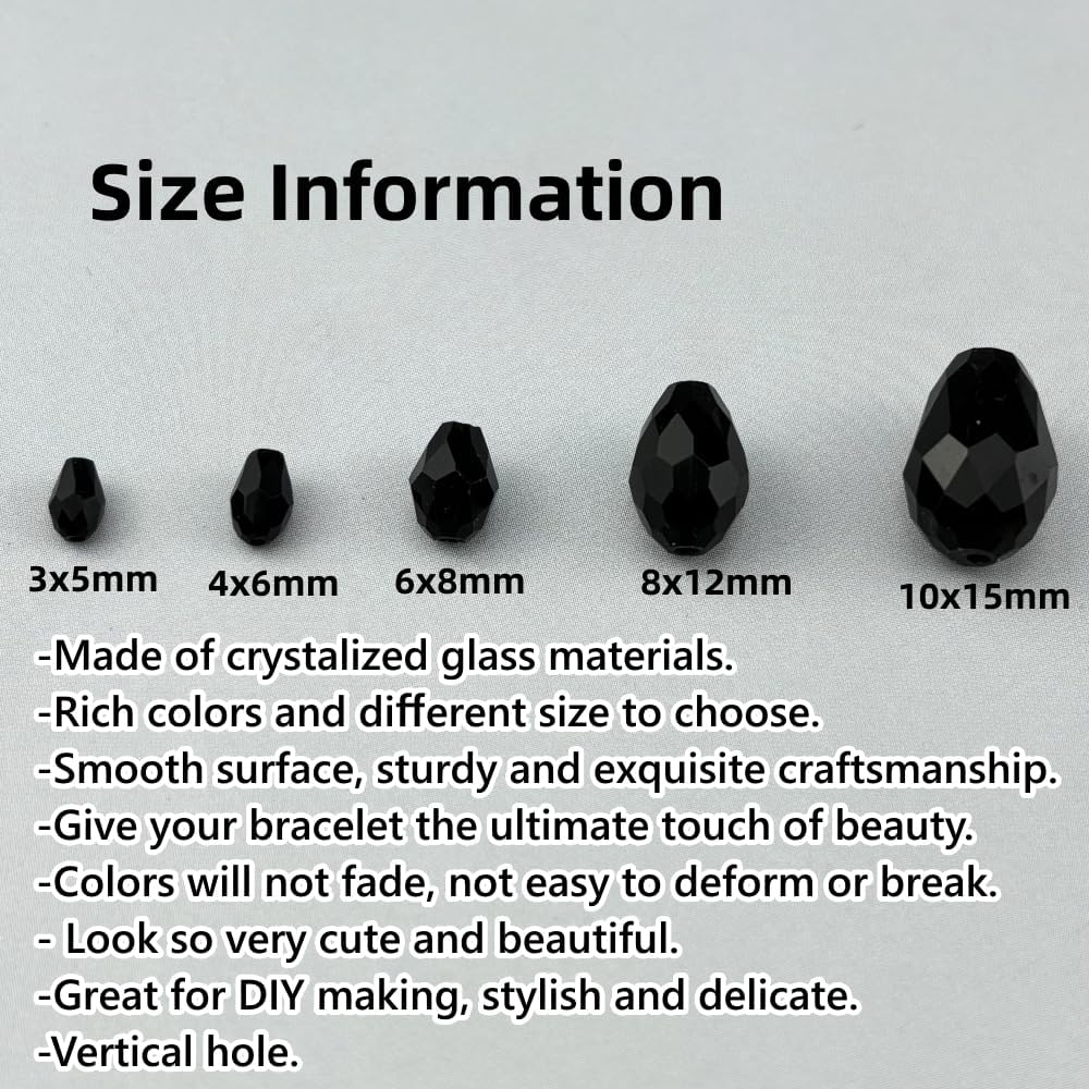 130pcs 6x8mm Teardrop Crystal Glass Beads for Jewelry Making, Faceted Vertical Hole Teardrop Glass Spacer Beads for Wind Chimes Bracelet Earring Necklace DIY Craft(Black)