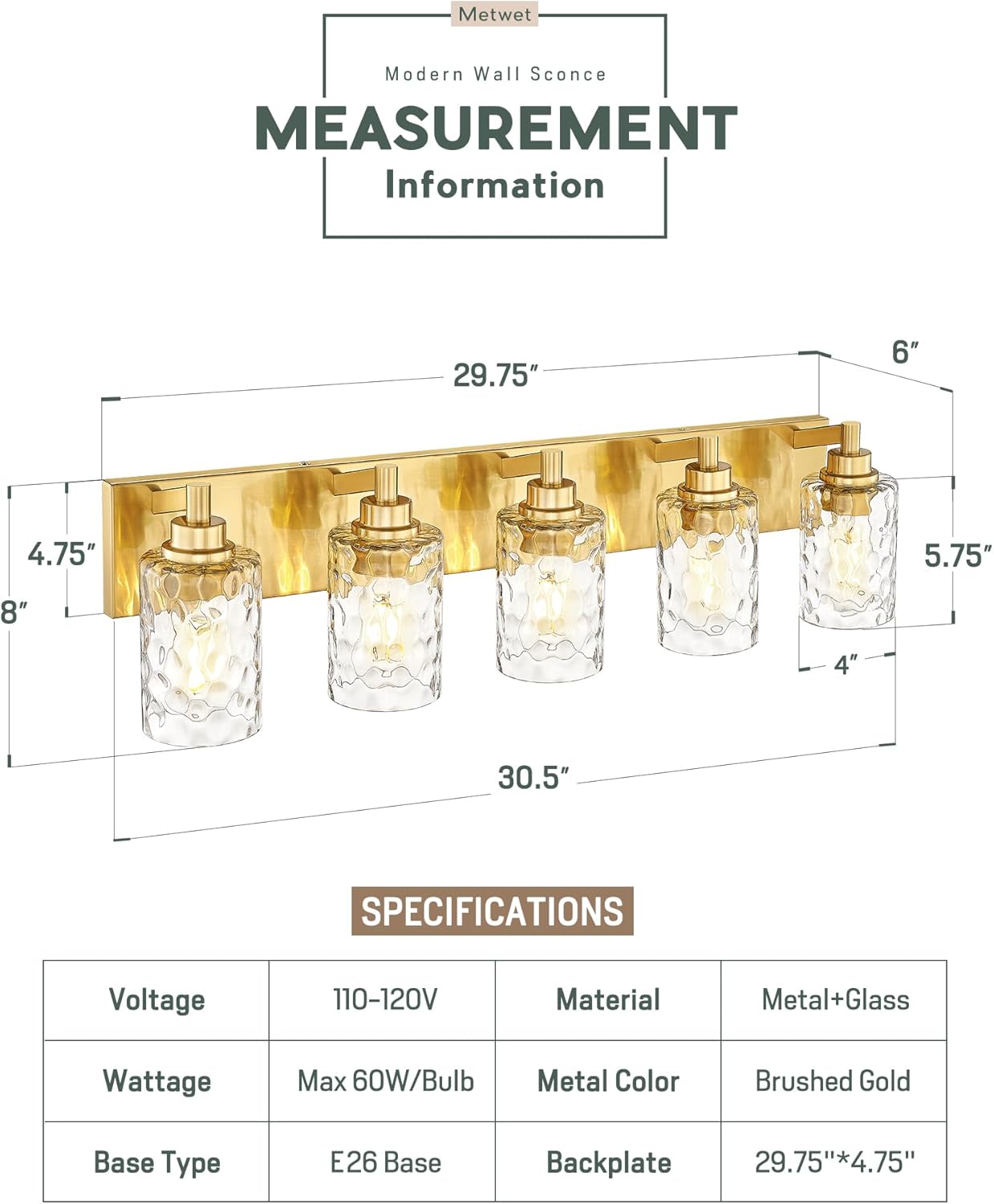 5-Light Bathroom Light Fixtures, 30 Inch Brushed Gold Vanity Lights with Clear Hammered Glass Cylinder Shade, Modern Vanity Lighting Fixture Over Mirror, VL198-BG-5