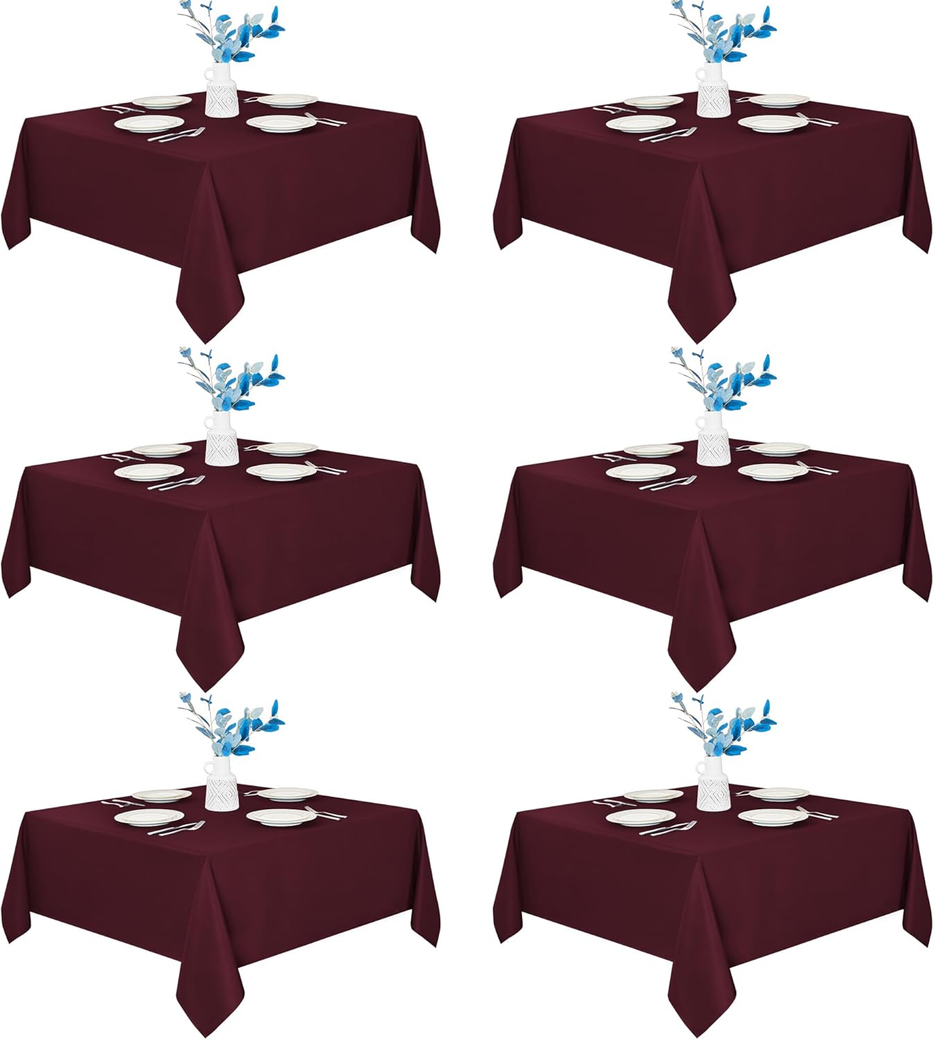 Fitable 6 Pack Square Tablecloths - 70 x 70 Inches - Stain Resistant and Reusable Table Clothes, Burgundy Polyester Fabric Table Covers for Dining, Card Tables, Coffee Tables