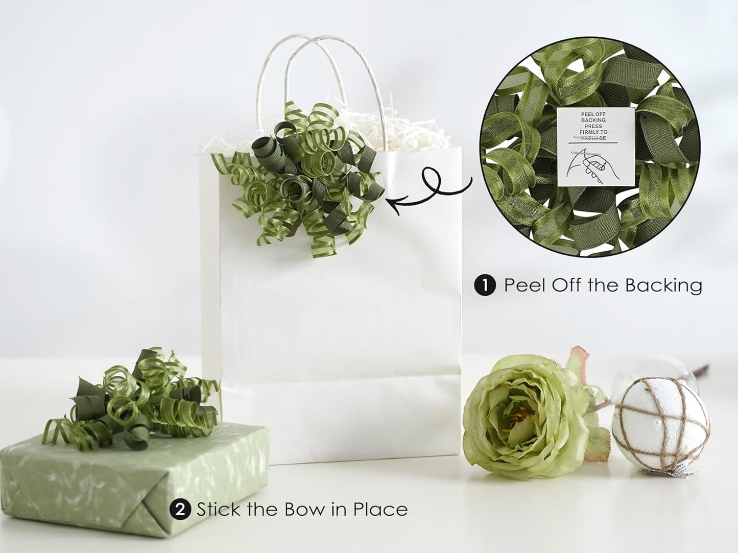 HUIHUANG Green Bows for Gift Wrapping Christmas Gift Bow 5 inch x 8 Counts Moss Green Self-Adhesive Curly Ribbon Bows for Presents, Paper Bag, Party Favors, Wrapping Accessories