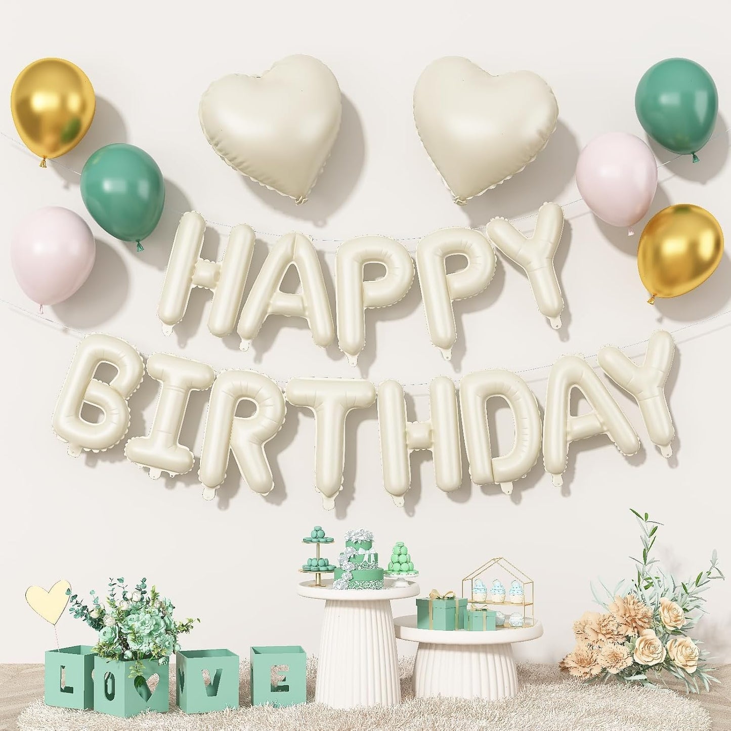 Happy Birthday Balloon Banner Cream Green, 16 Inch Beige Mylar Letters Heart Foil Balloons Sage Olive Green Ivory Metallic Gold Balloons Boho Neutral Birthday Decorations for Girls Women Boy Men