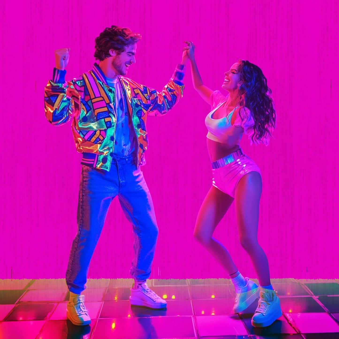 3 Pack 3.3Ft x 6.6Ft Hot Pink Glow in The Dark Foil Fringe Curtain Backdrop Party Supplies, Fluorescent Macaron Metallic Tinsel Foil Streamers Curtain Photo Booth for Neon Birthday Party Decorations