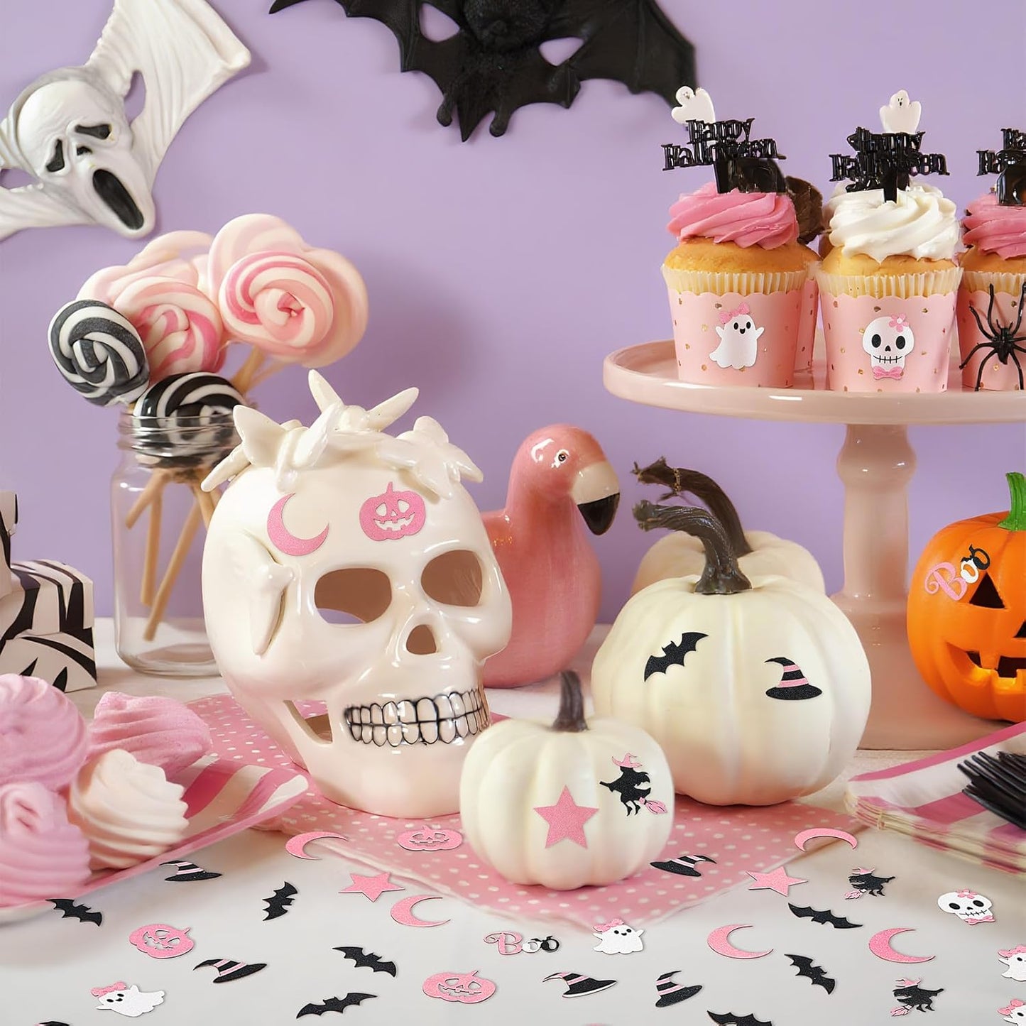MARFOREVER Pink Halloween Confetti Glitter, Halloween BOO Witch Bat Pumpkin Ghost SkeletonTable Scatter Confetti Sprinkles for Halloween Birthday Party Supplies Decorations