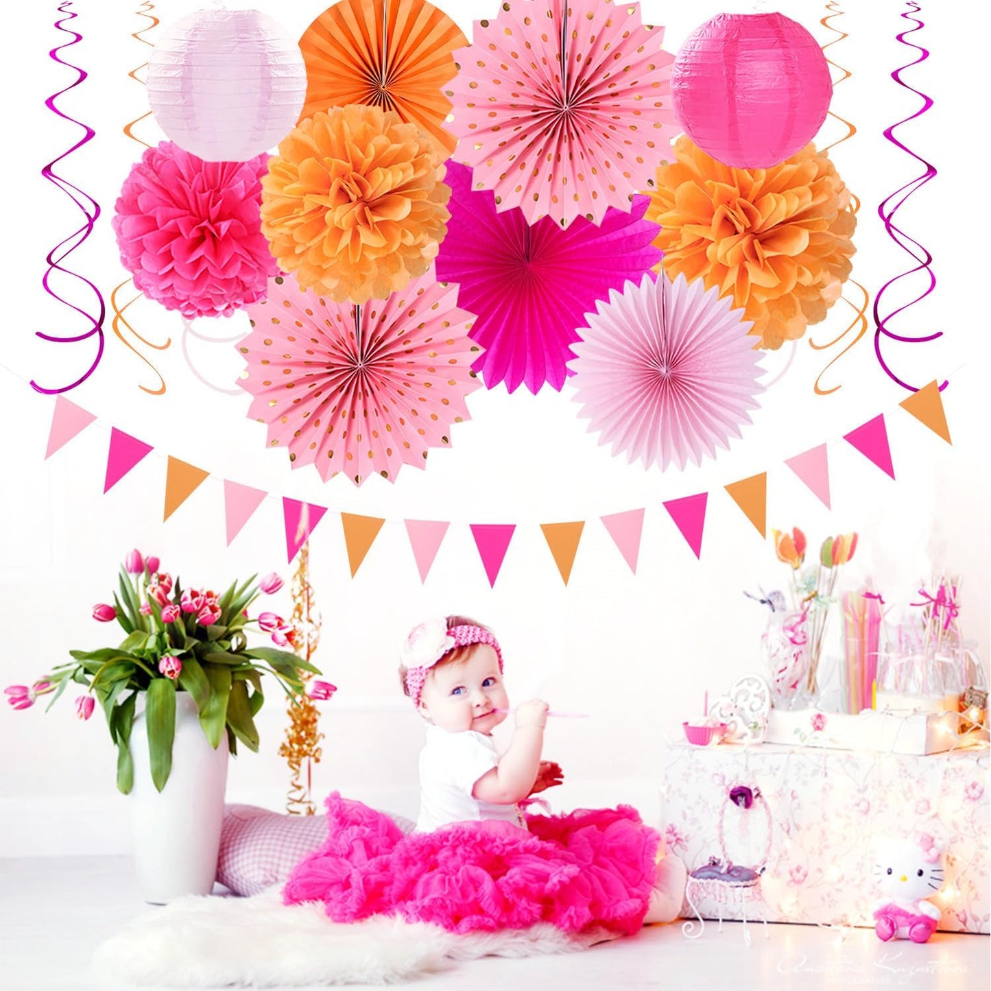 Hot-Pink Burnt-Orange Fall Party Decorations - 33pcs Birthday Baby Shower Banner,Streamers Tassel Garland,Sunset Autumn Thanksgiving Tissue Pom Poms,Paper Lantern Fans,Wedding Backdrop Decor Hugtmr