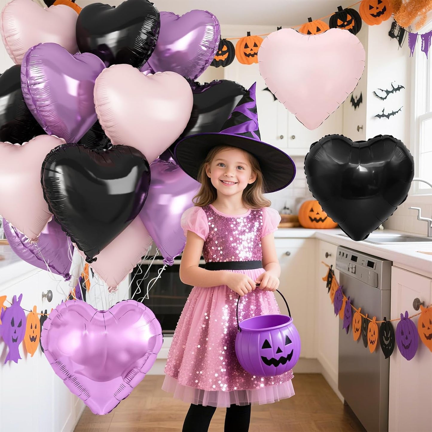 Purple Pink Black Heart Balloons, 18 Inch Baby Pink and Purple Black Heart Foil Shape Balloon, 12PCS Large Love Helium Balloons for Halloween Birthday Bridal Shower Wedding Anniversary Party Decor