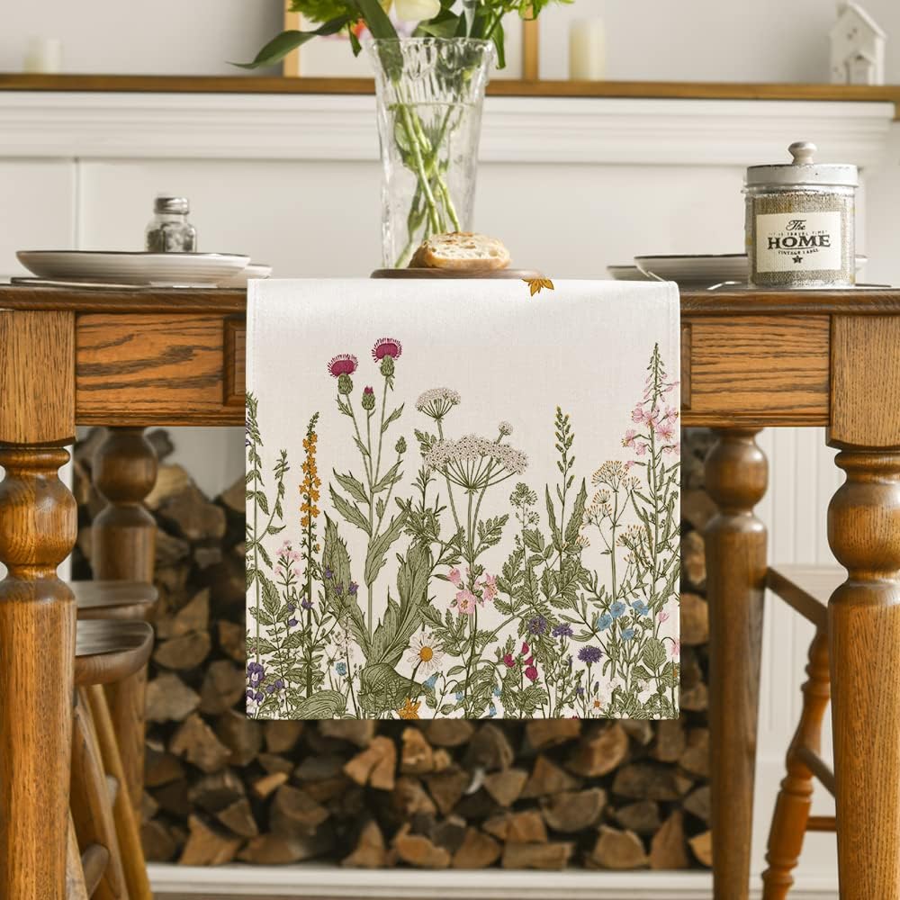 Artoid Mode Antique Herbs and Wild Flowers Summer Table Runner, Spring Fall Kitchen Dining Table Decoration for Home Party 13x72 Inch