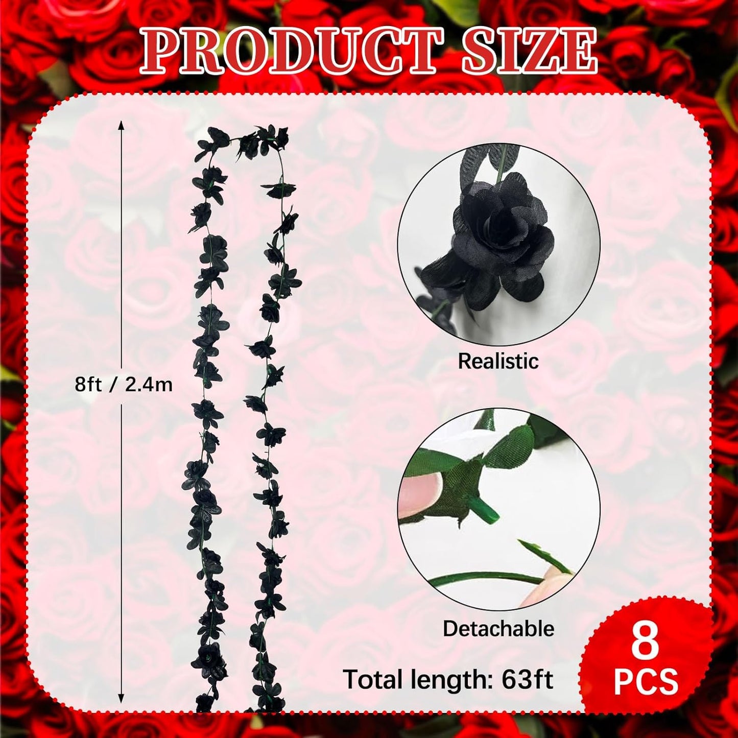 8Pcs 63Ft Black Rose Garland, Fake Rose Hanging Flowers, Artificial Flower Vine, Hanging Floral Vine Garland for Wedding, Birthday Party, Wall Arch, Halloween, Christmas Garden Backdrop Decor