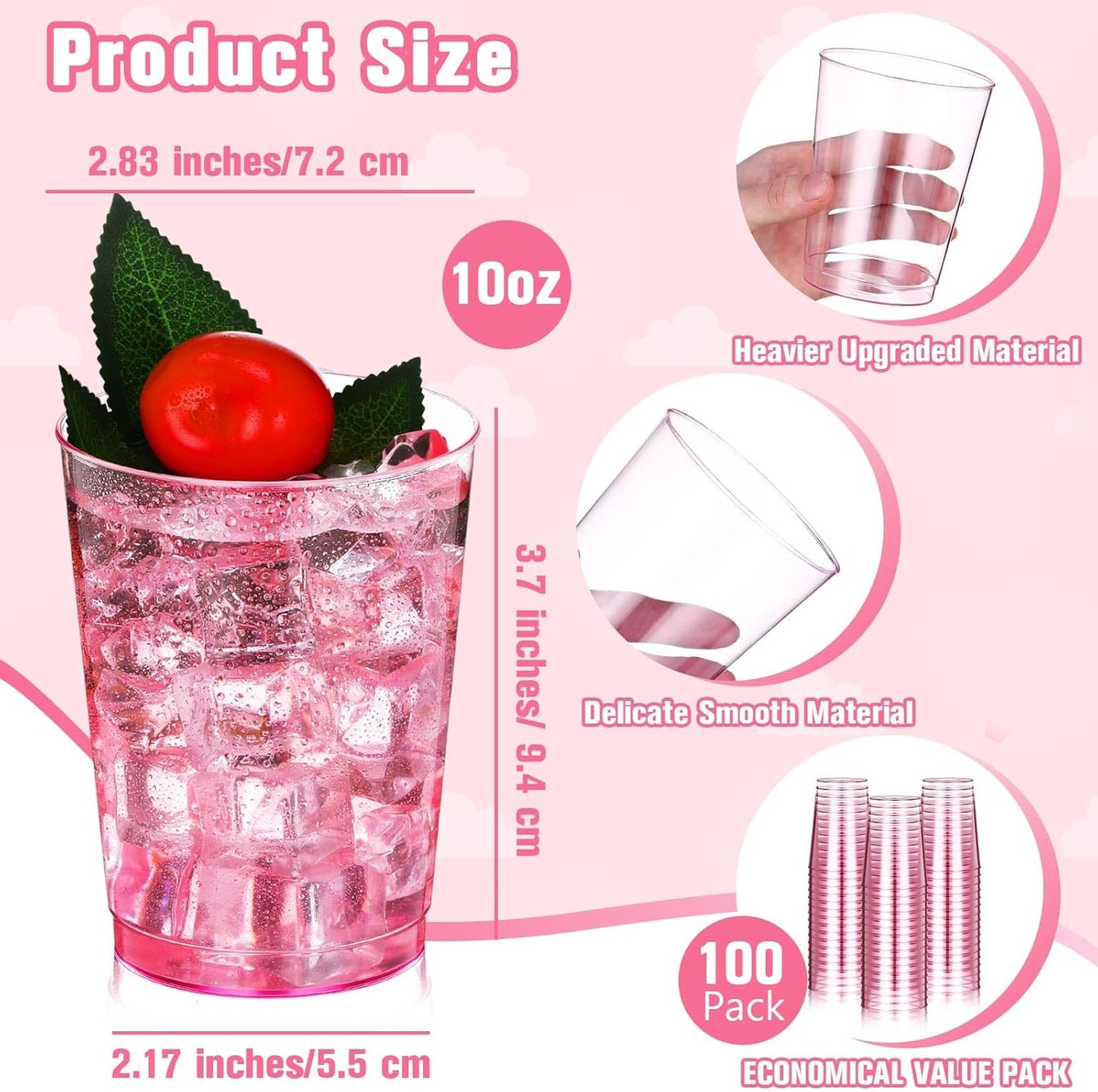 Minatee 100 Count Plastic Cups Disposable Fancy Cups Heavy Duty Wine Cocktail Glasses for Halloween Wedding Christmas Birthday Party Supplies Plastic Drinking Tumblers(Pink,10 oz)