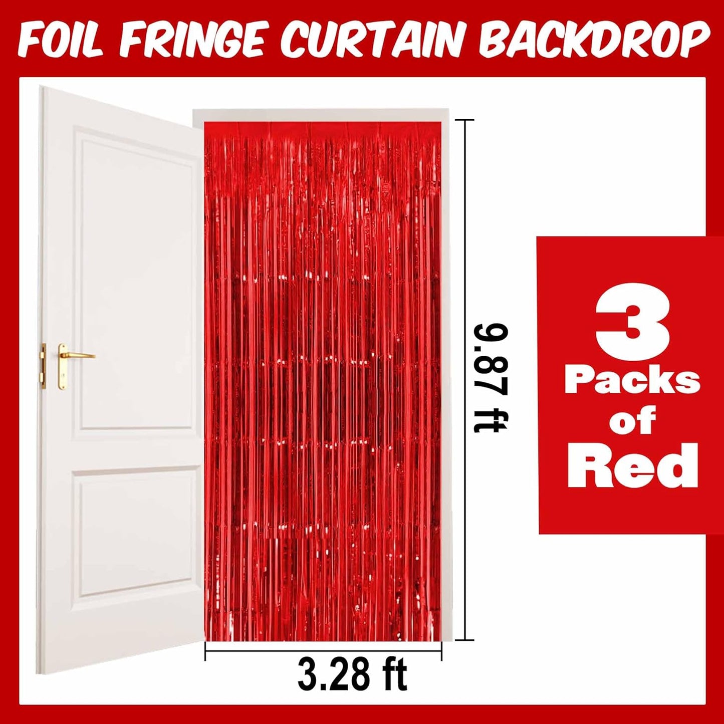 3 Pack Red Foil Fringe Curtains Backdrop, 3.28 x 9.8 Ft Metallic Streamers Tinsel Curtains Background for Photo Booth, Birthday, Halloween, Christmas, Thanksgiving, New Year Party Decorations