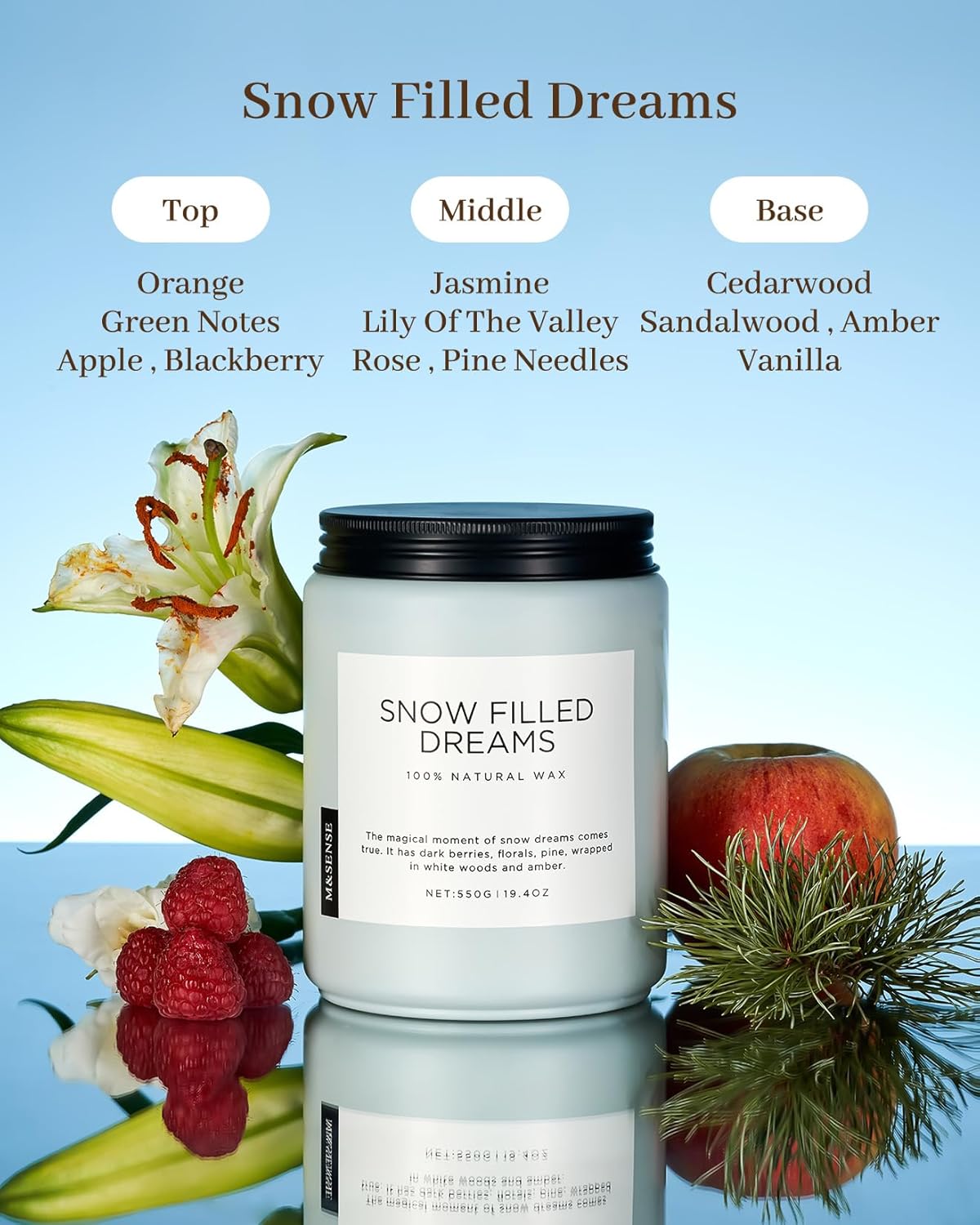 M&SENSE Snow Filled Dreams - Jasmine & Pine Large Scented Candles, 19.4oz 110 Hour Clean Non Toxic Long Lasting Candle Organic Natural Soy Wax Candle Gifts for Women Men