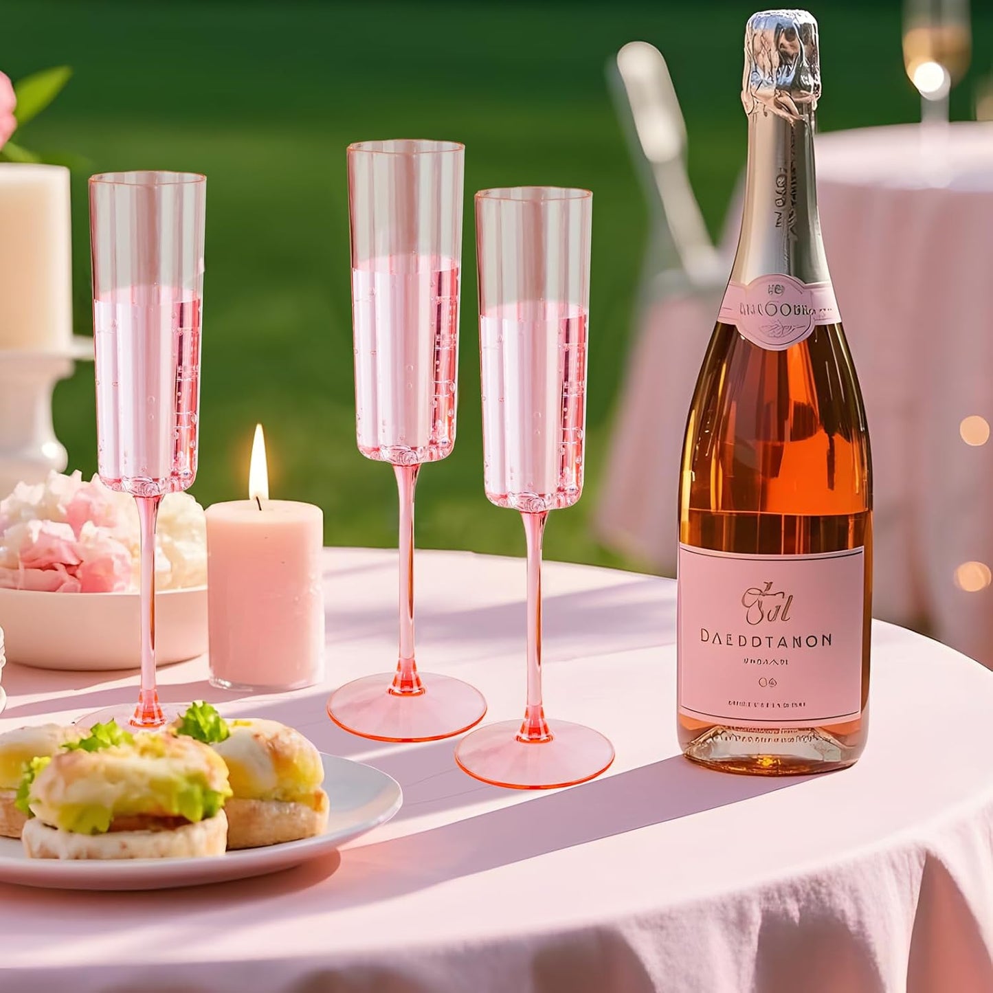 Ciaell 24 Pack Pink Plastic Champagne Flutes - 6 Oz Flower Wavy Champagne Glasses - Heavy Duty Vintage Disposable Glassware for Party & Anniversary & Wedding