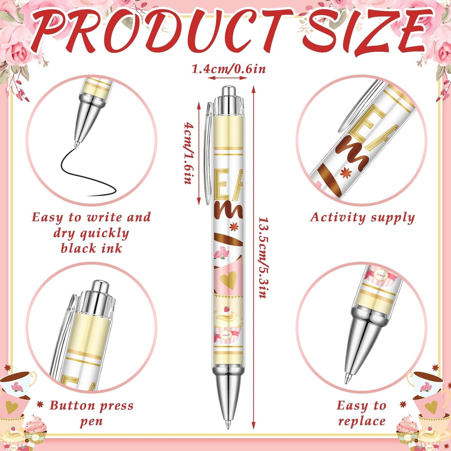 24 Pcs Tea Party Gift Pens Bulk Floral Tea Party Favors Pink Themed Party Decorations Tea Ballpoint Pen for Tea Party Birthday Party Supplies