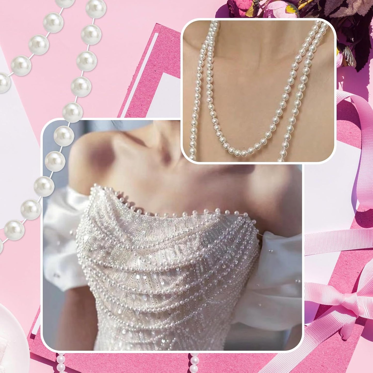 99 Feet 3mm Pearl Strings for Crafts, Artificial Pearl Beaded Garland Trim Chain Strands for Wedding Centerpieces Party Decoration Christmas Tree Garland, White